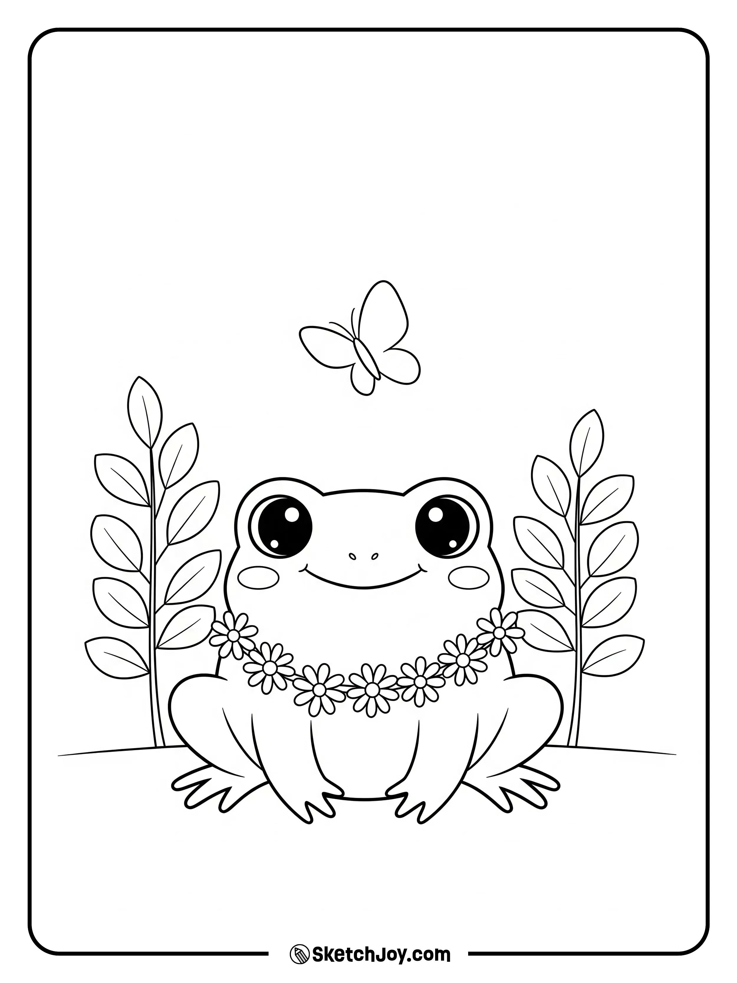 The frog smiles while wearing a small flower chain.