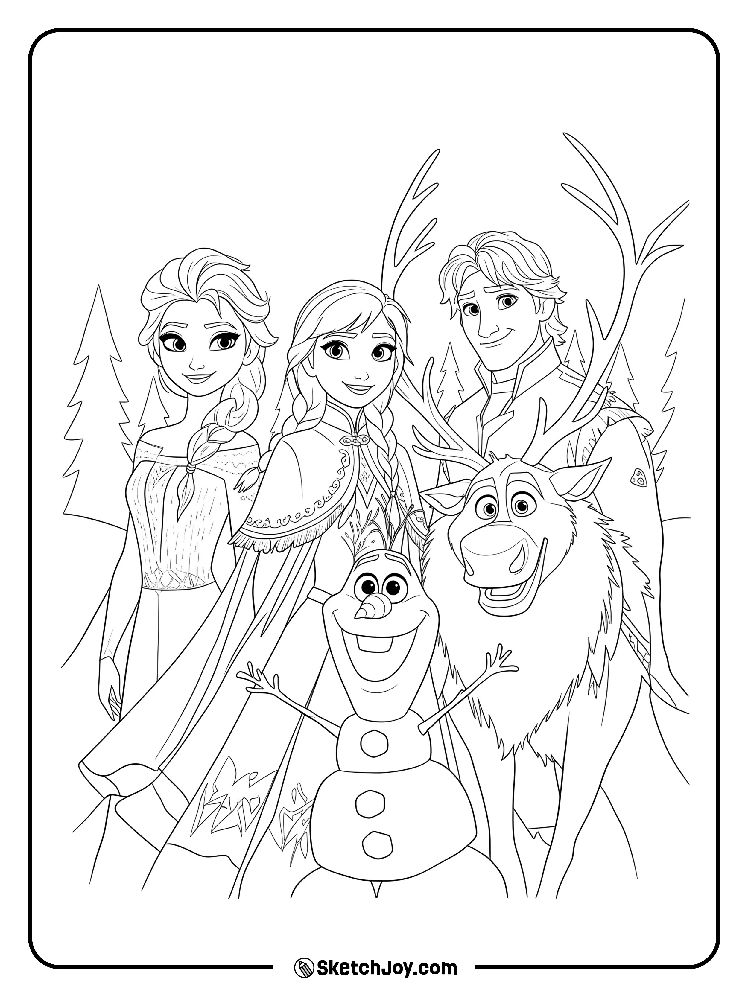 Elsa, Anna, Kristoff, Sven, and Olaf pose together with two simple pine trees