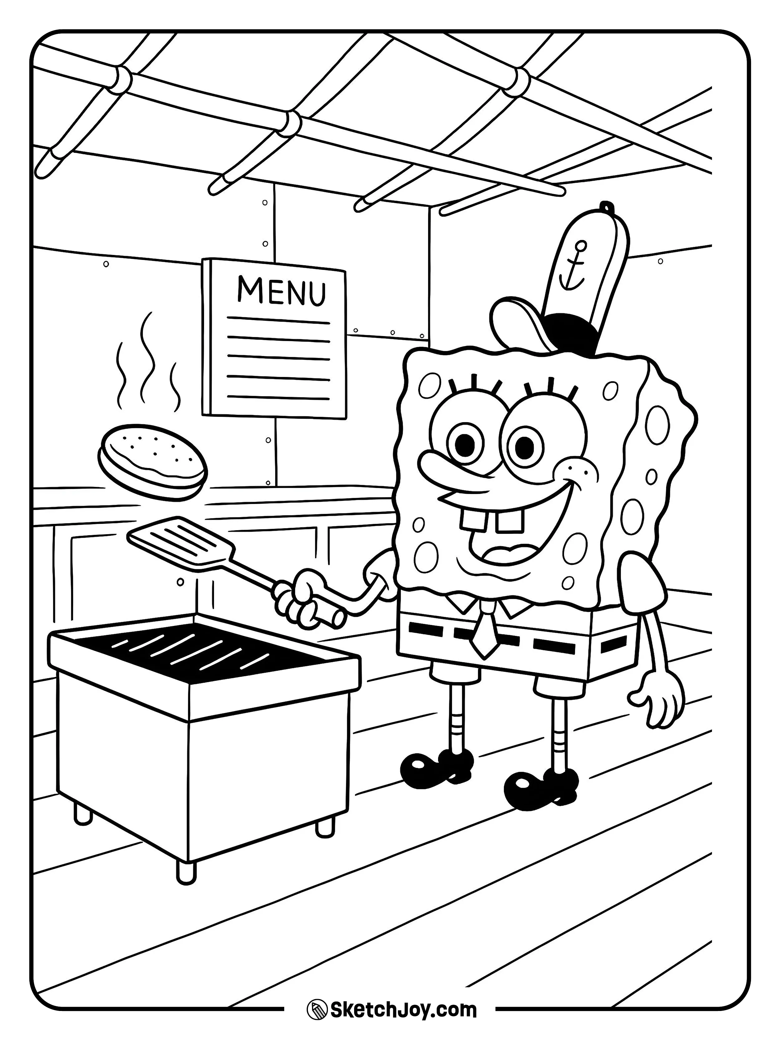 SpongeBob flips a patty with his spatula at the grill.