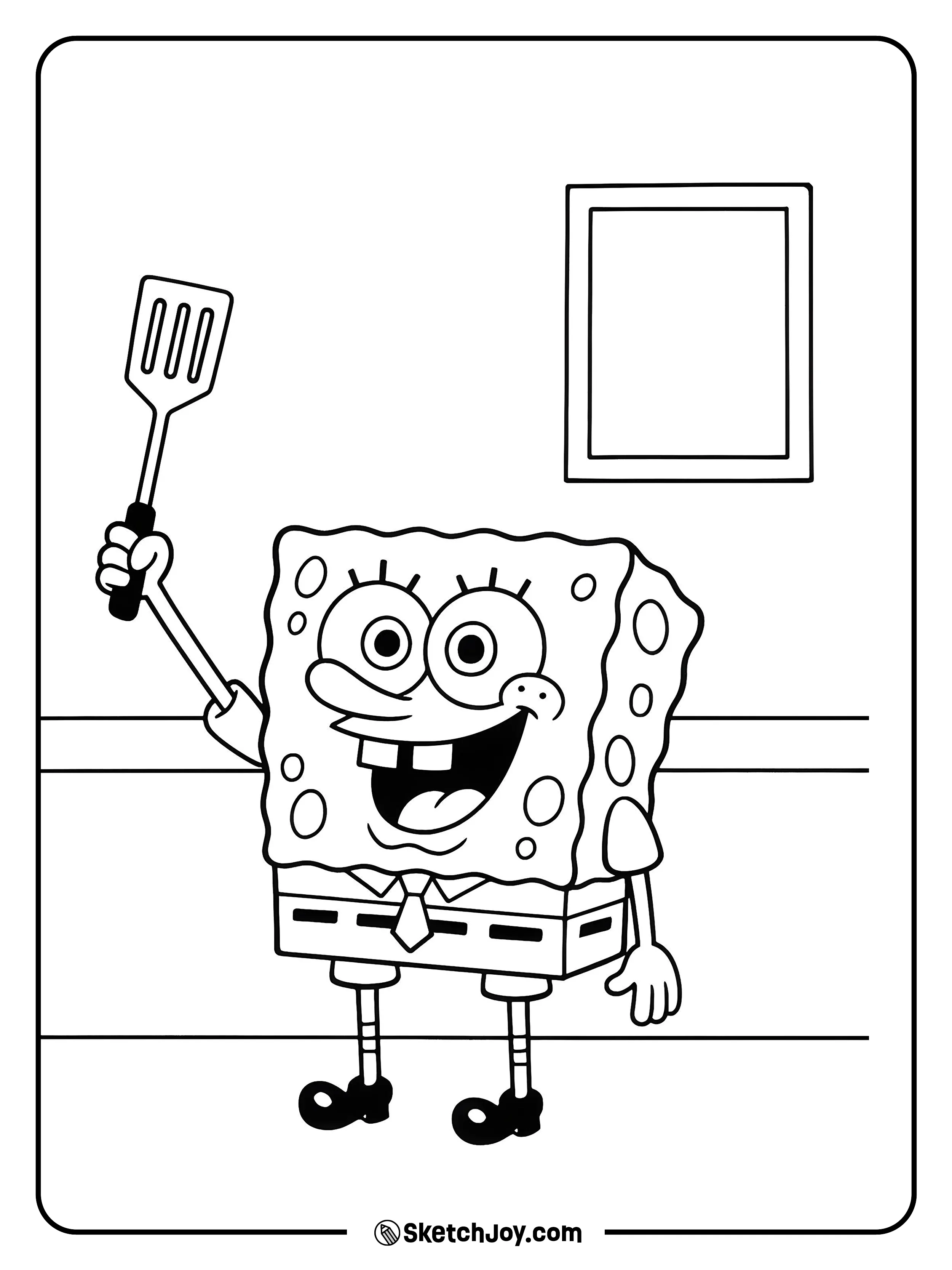 SpongeBob holds his spatula like a trophy near a simple Krusty Krab counter.