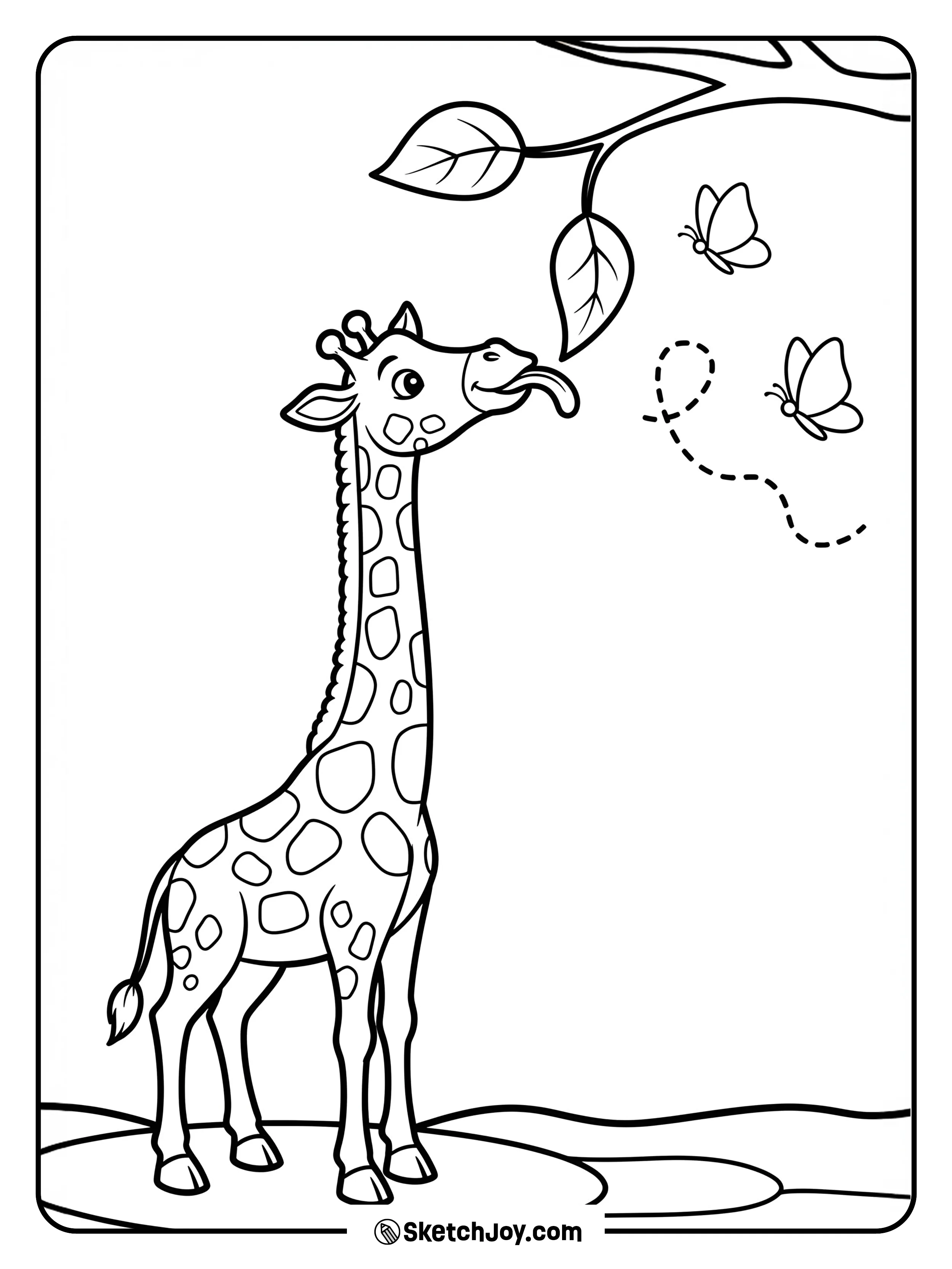A giraffe sticks out its tongue to grab a leaf.