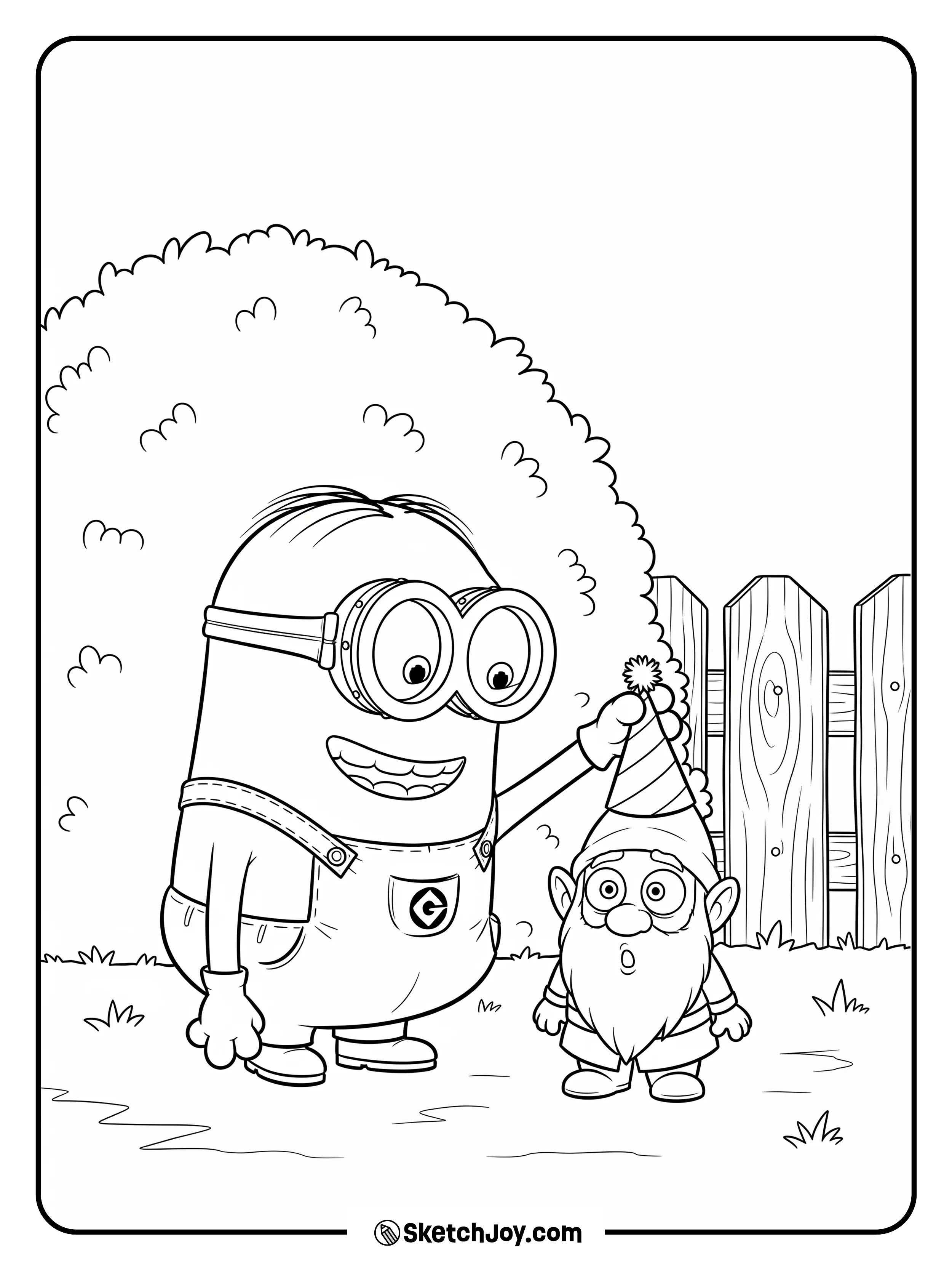 A Minion places a small cone hat on a garden gnome.