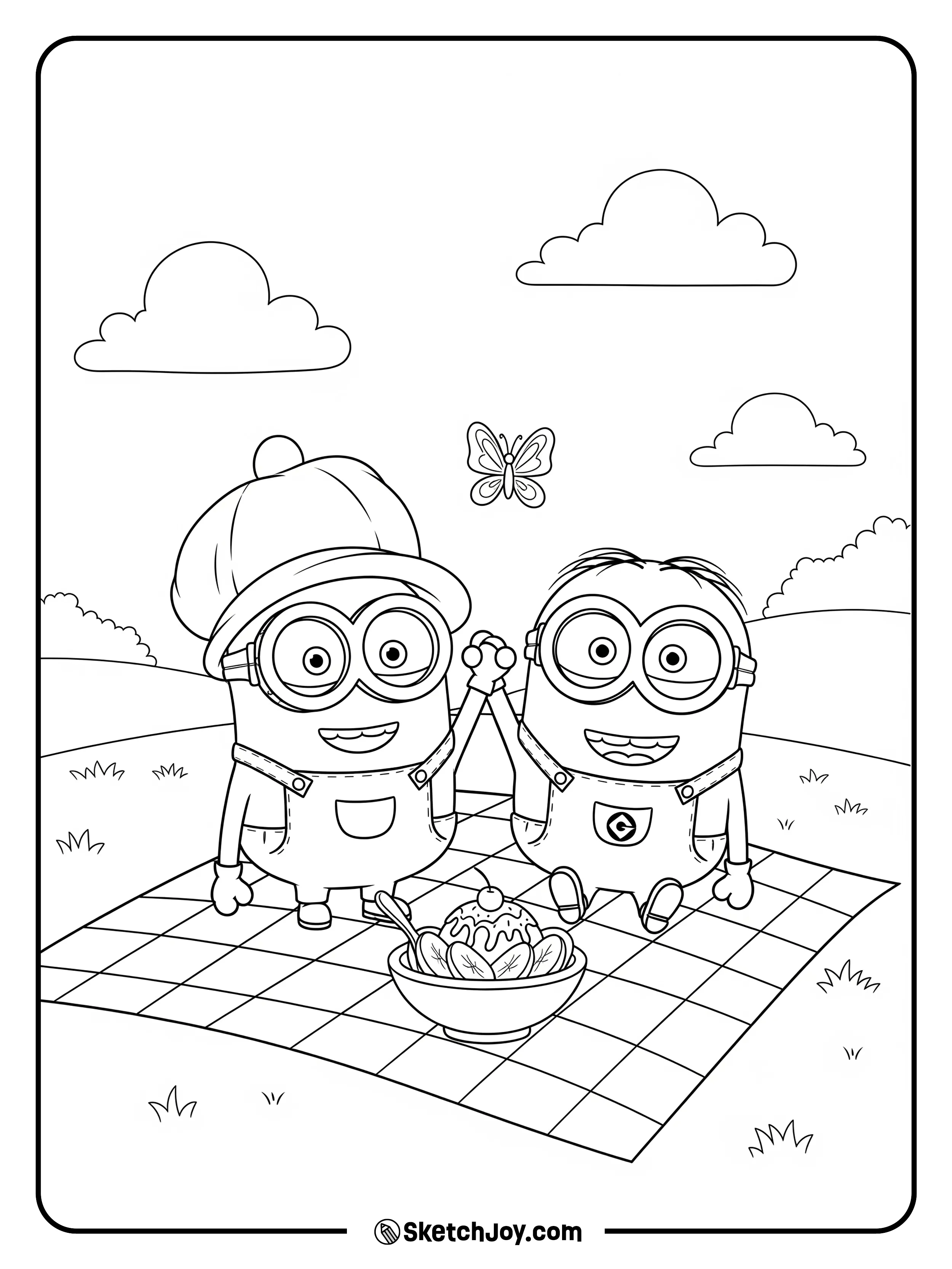 Two Minions sit on a blanket with one banana split bowl between them.