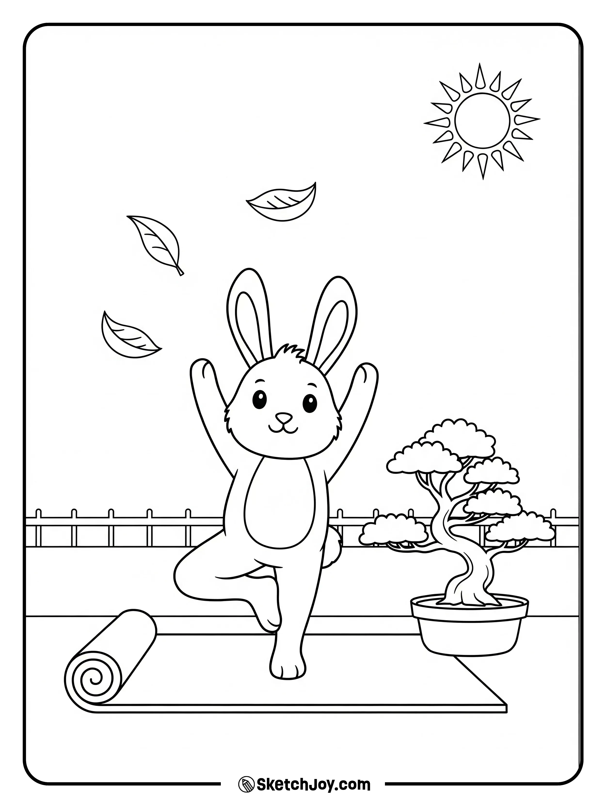 A peaceful bunny holds a yoga pose on a mat.