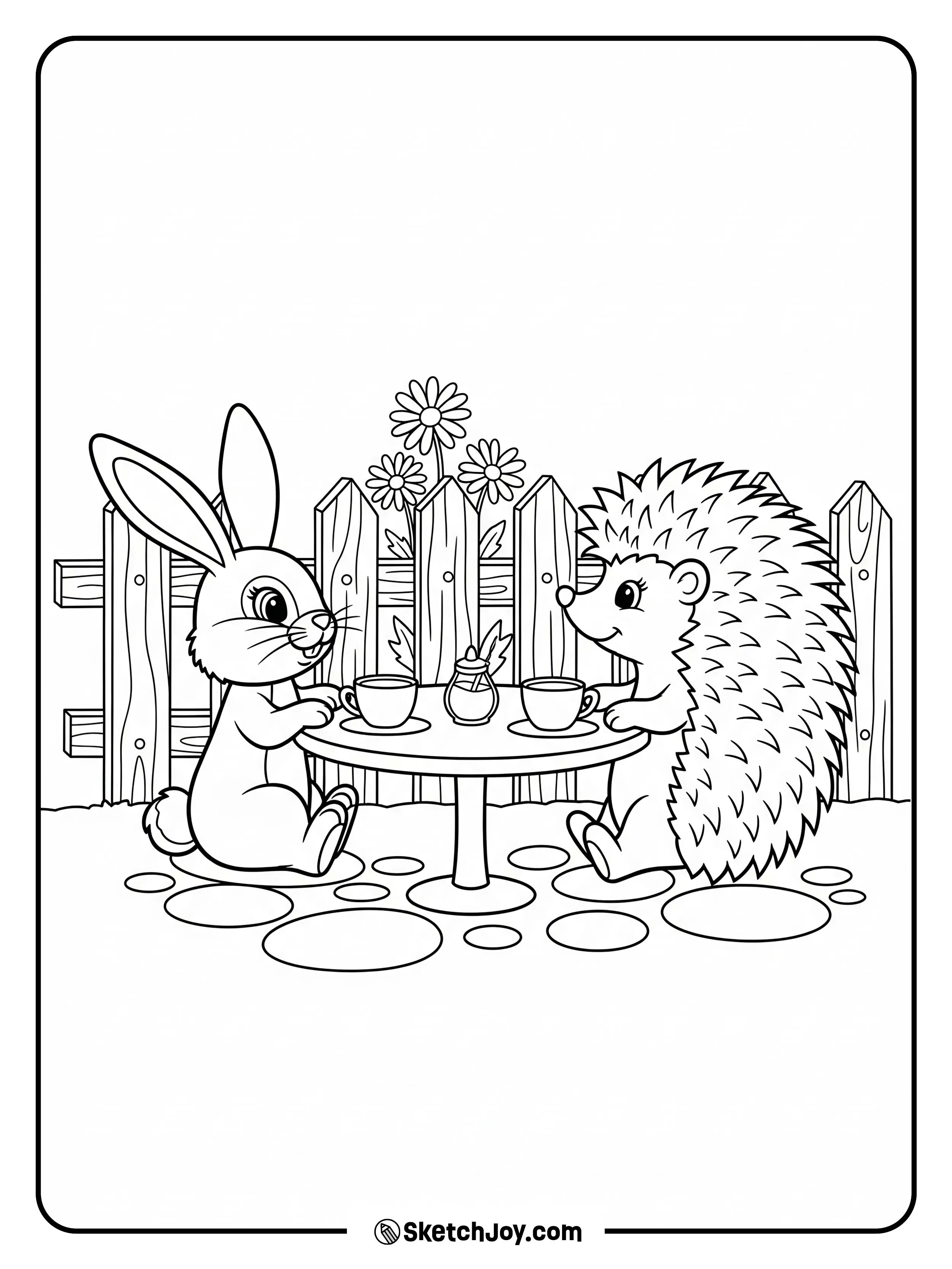 A bunny shares tea at a tiny table with a hedgehog.