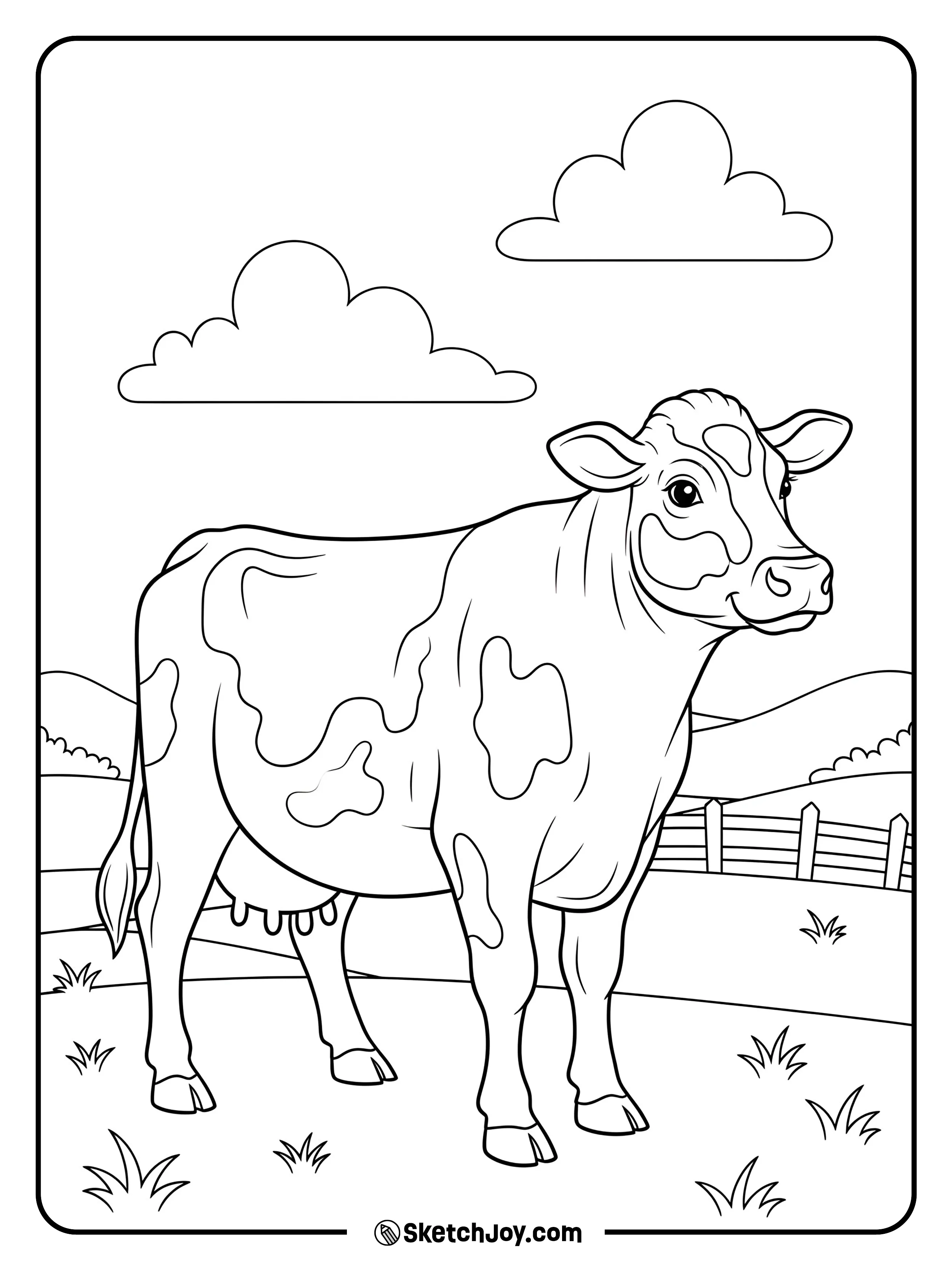 A calm Holstein stands in a grassy field.