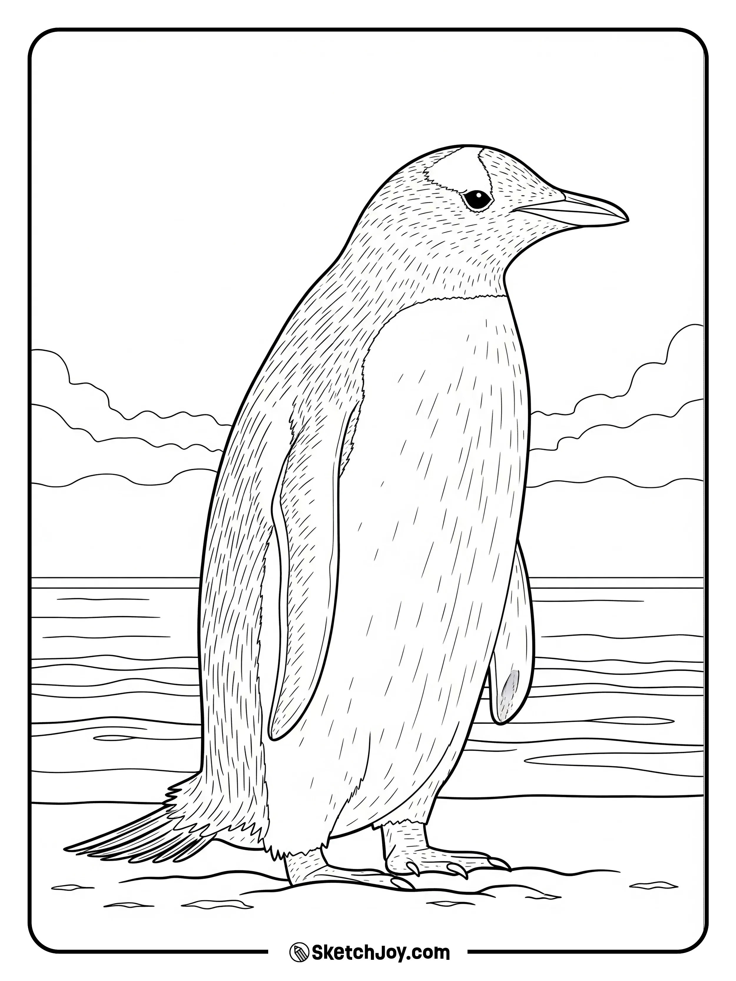 A gentoo penguin stands near the tide line.