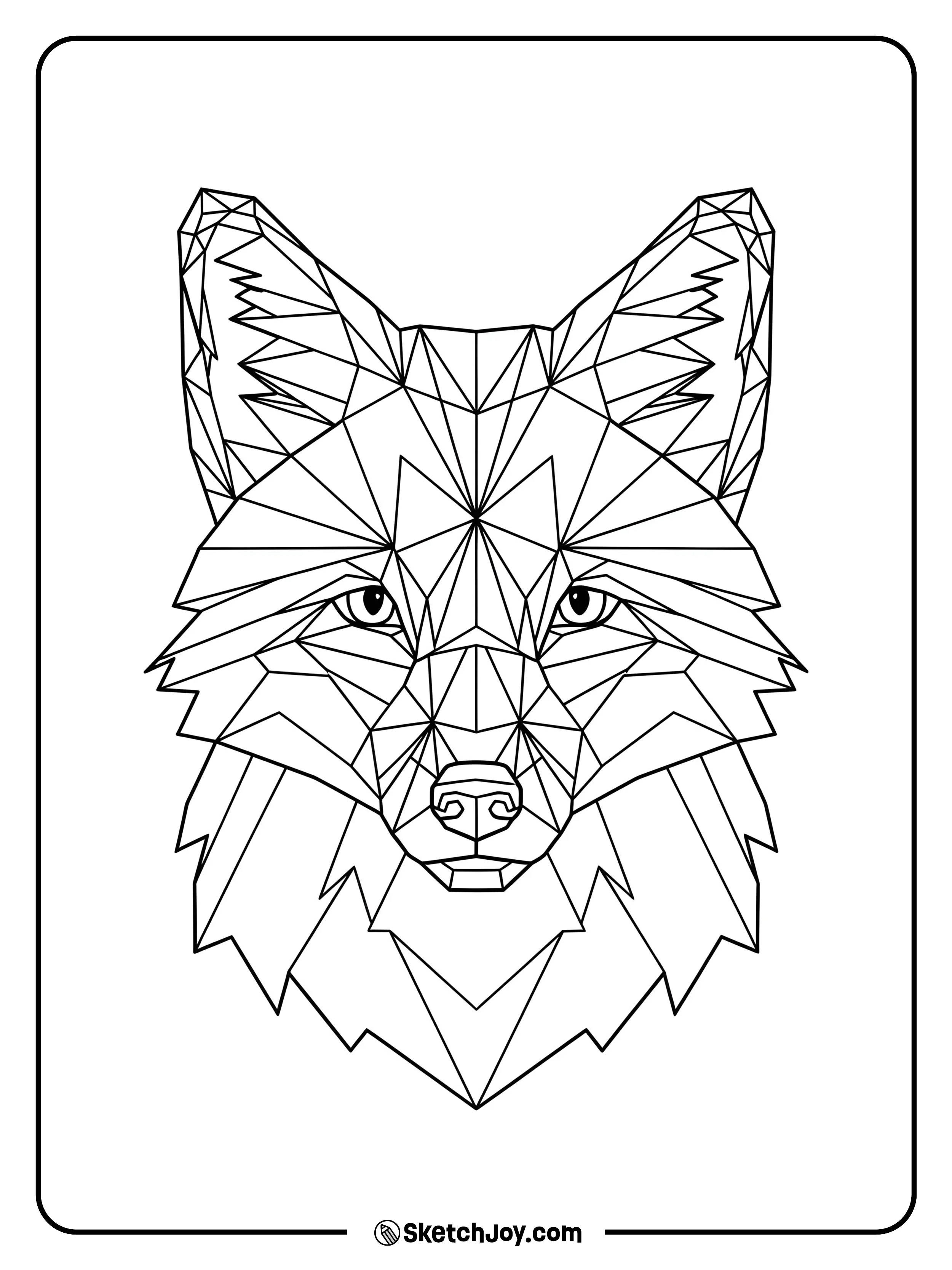 A frontal fox head built from angular facets with a plain border gap.