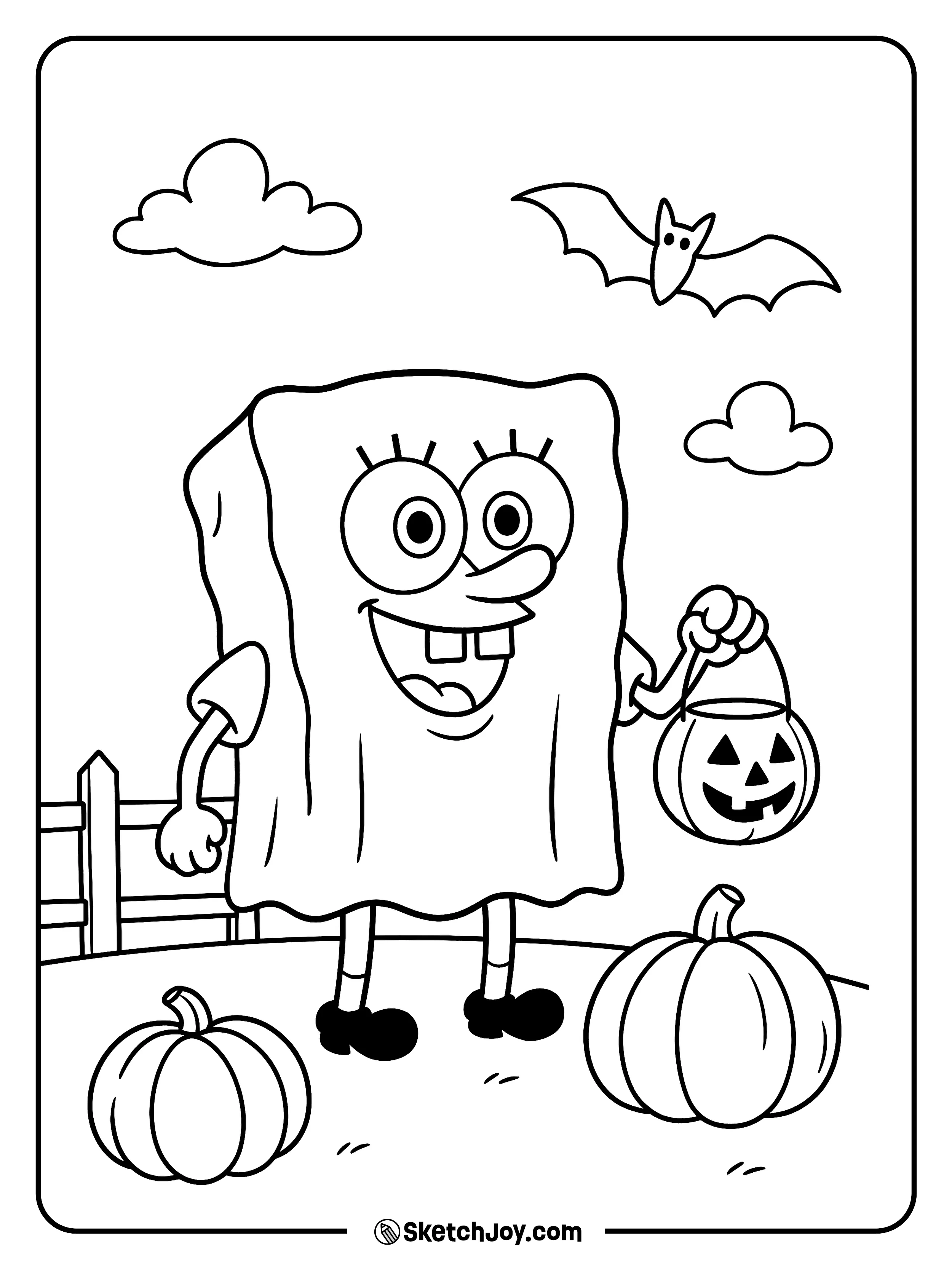 SpongeBob wears a sheet with eye holes and holds a pumpkin bucket.
