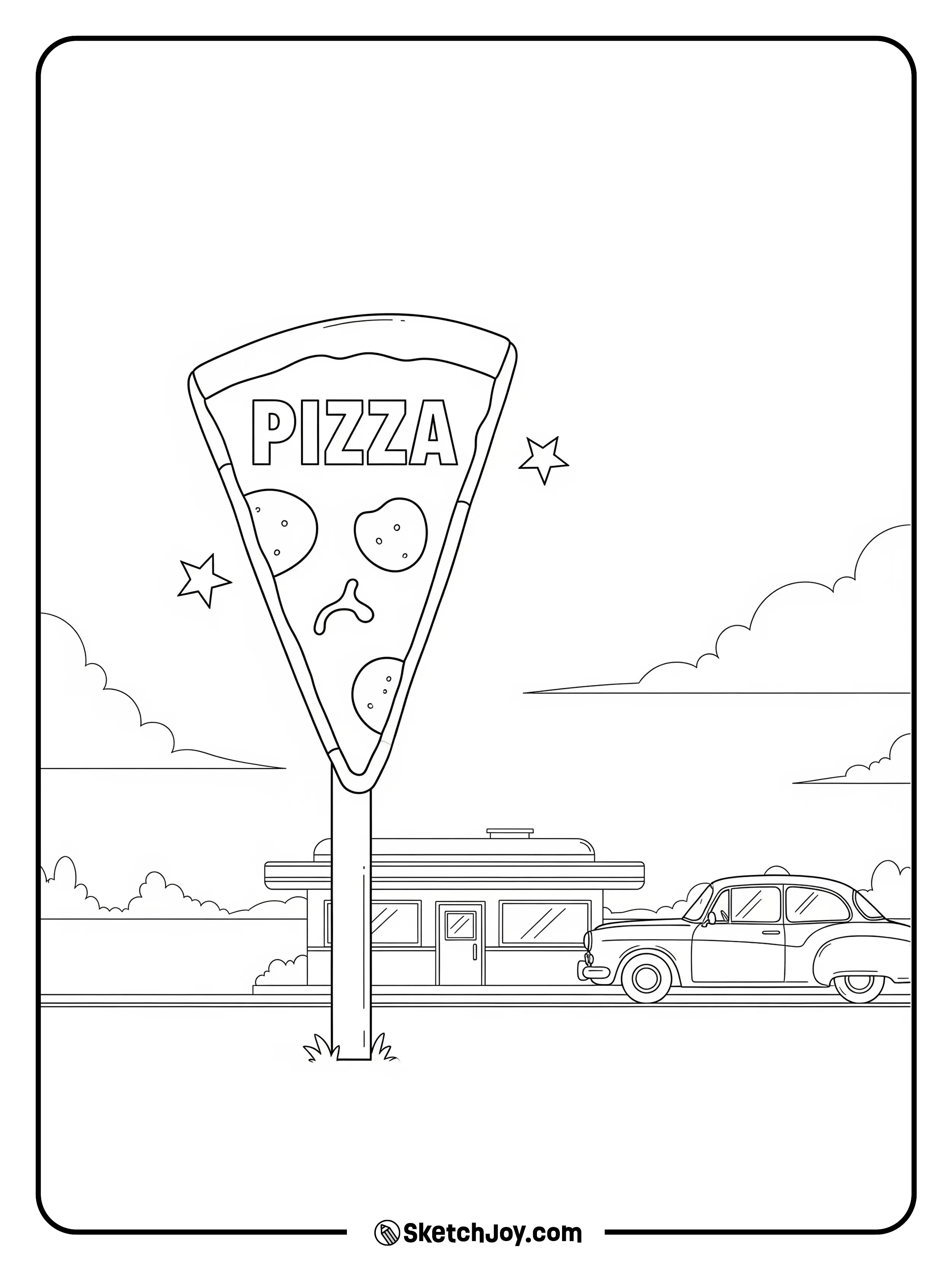 A tall roadside sign shaped like a slice.