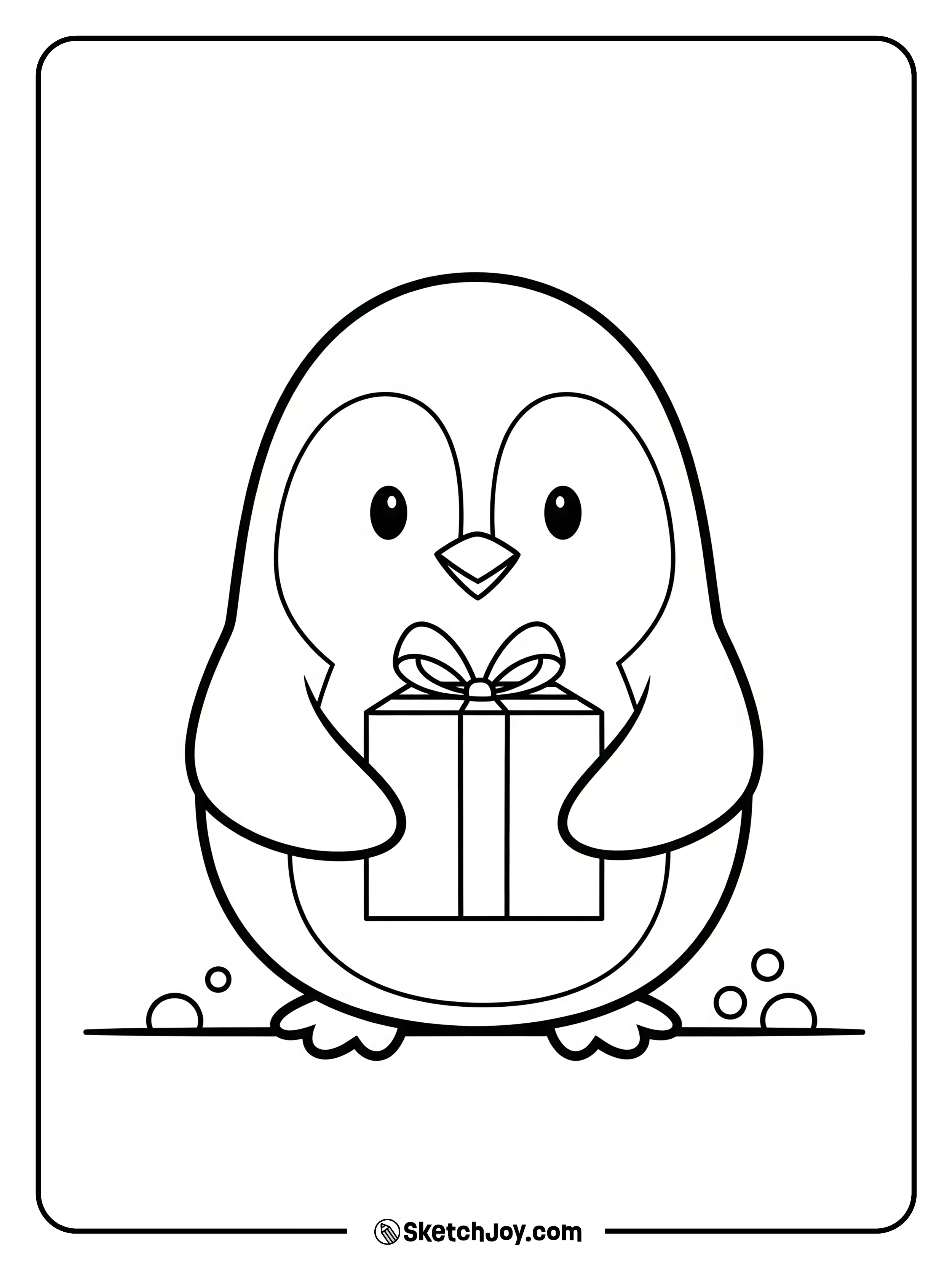 A penguin hugs a small gift box with a bow.