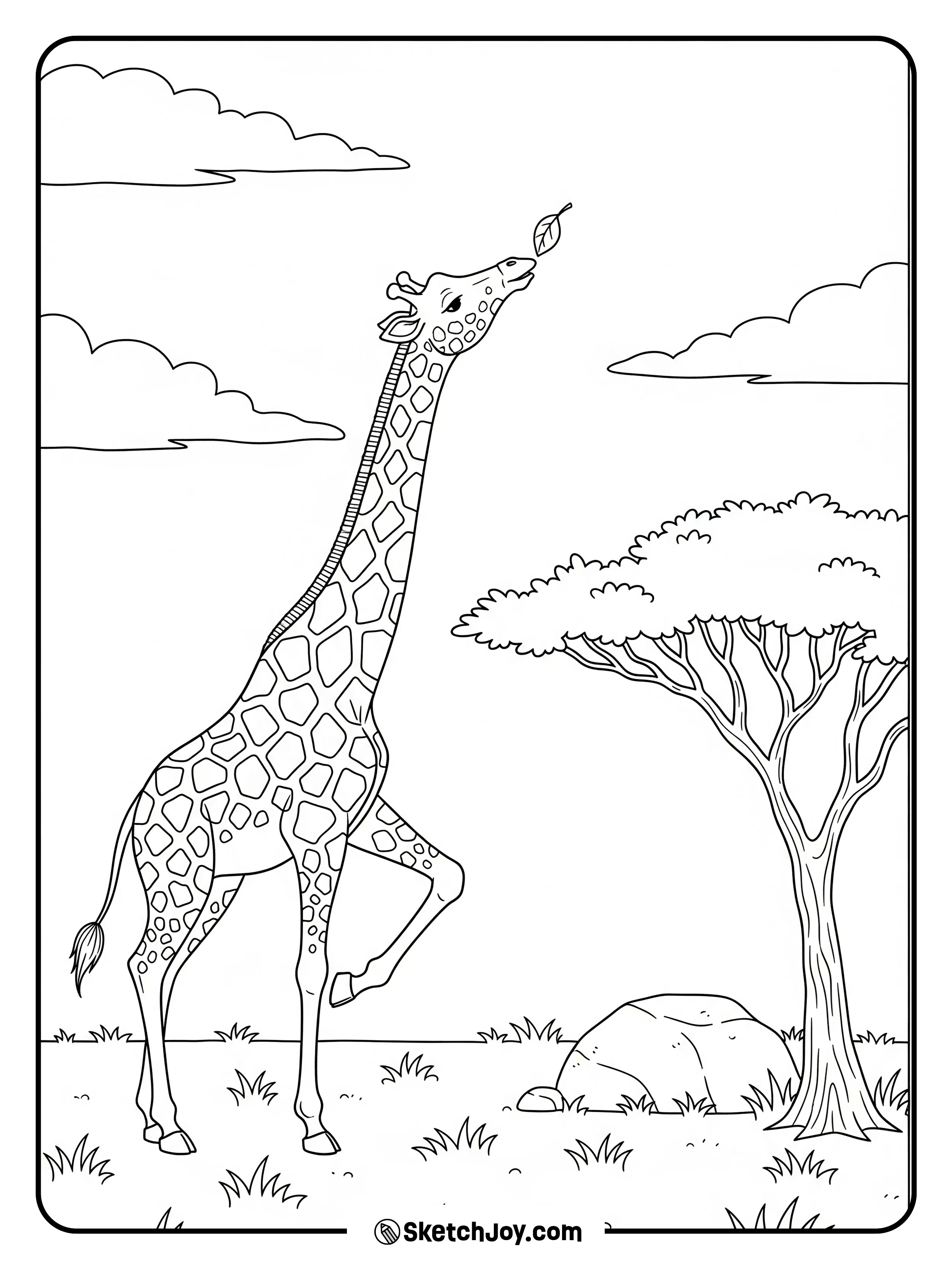 A tall giraffe stretches its neck to grab a leaf.