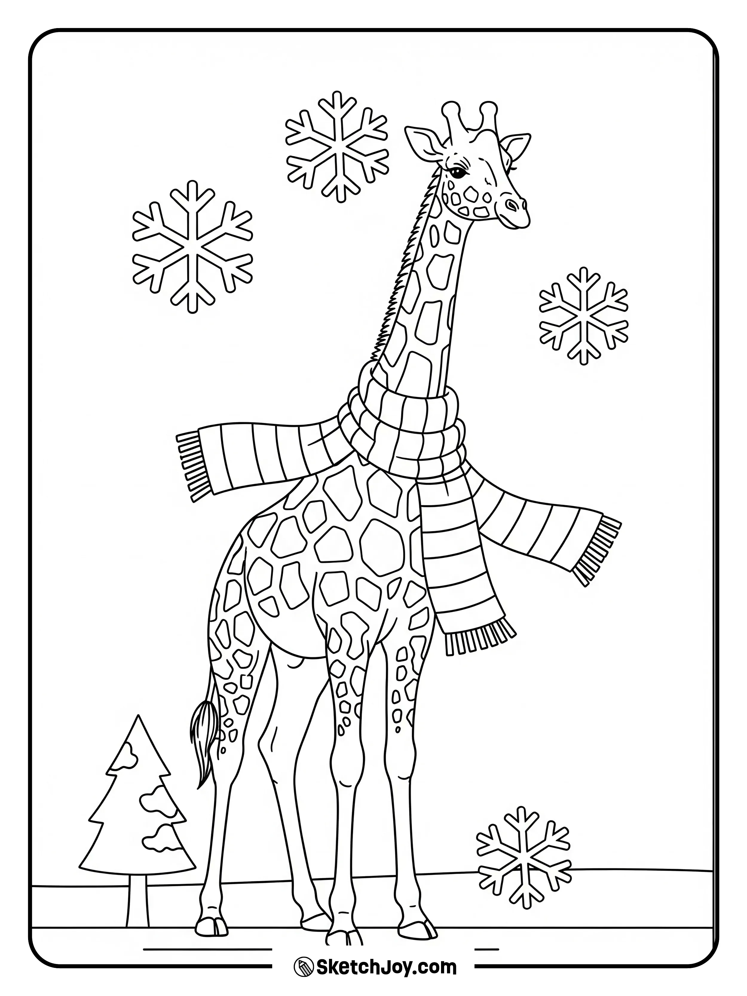 A giraffe smiles while a scarf flutters.