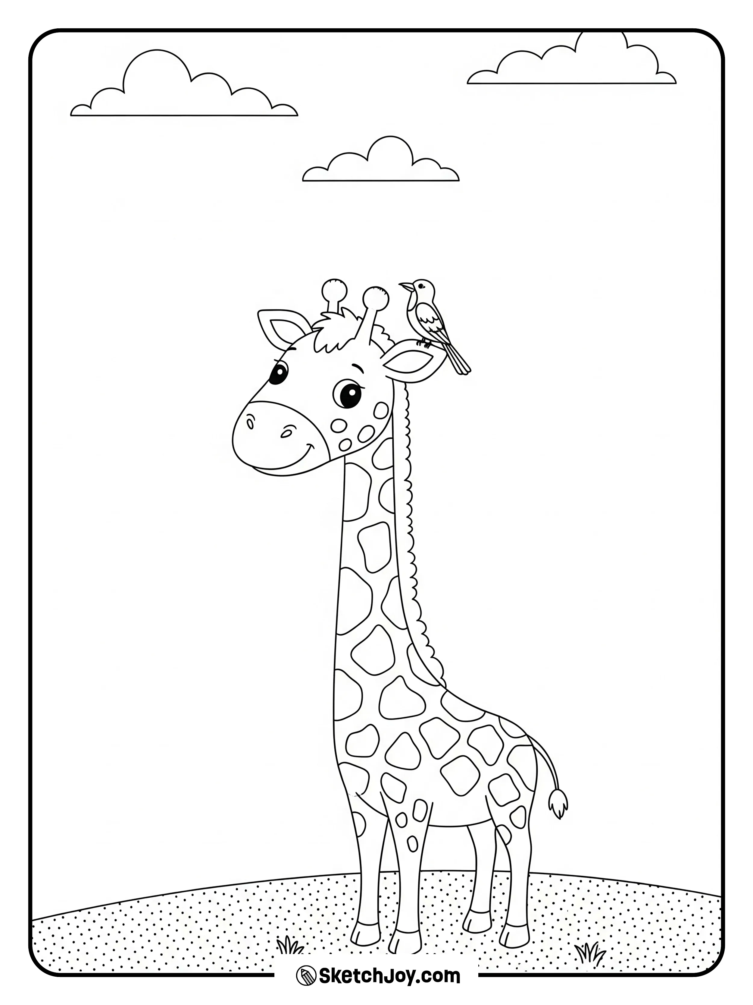 A small bird sits on the giraffe’s horn tip.