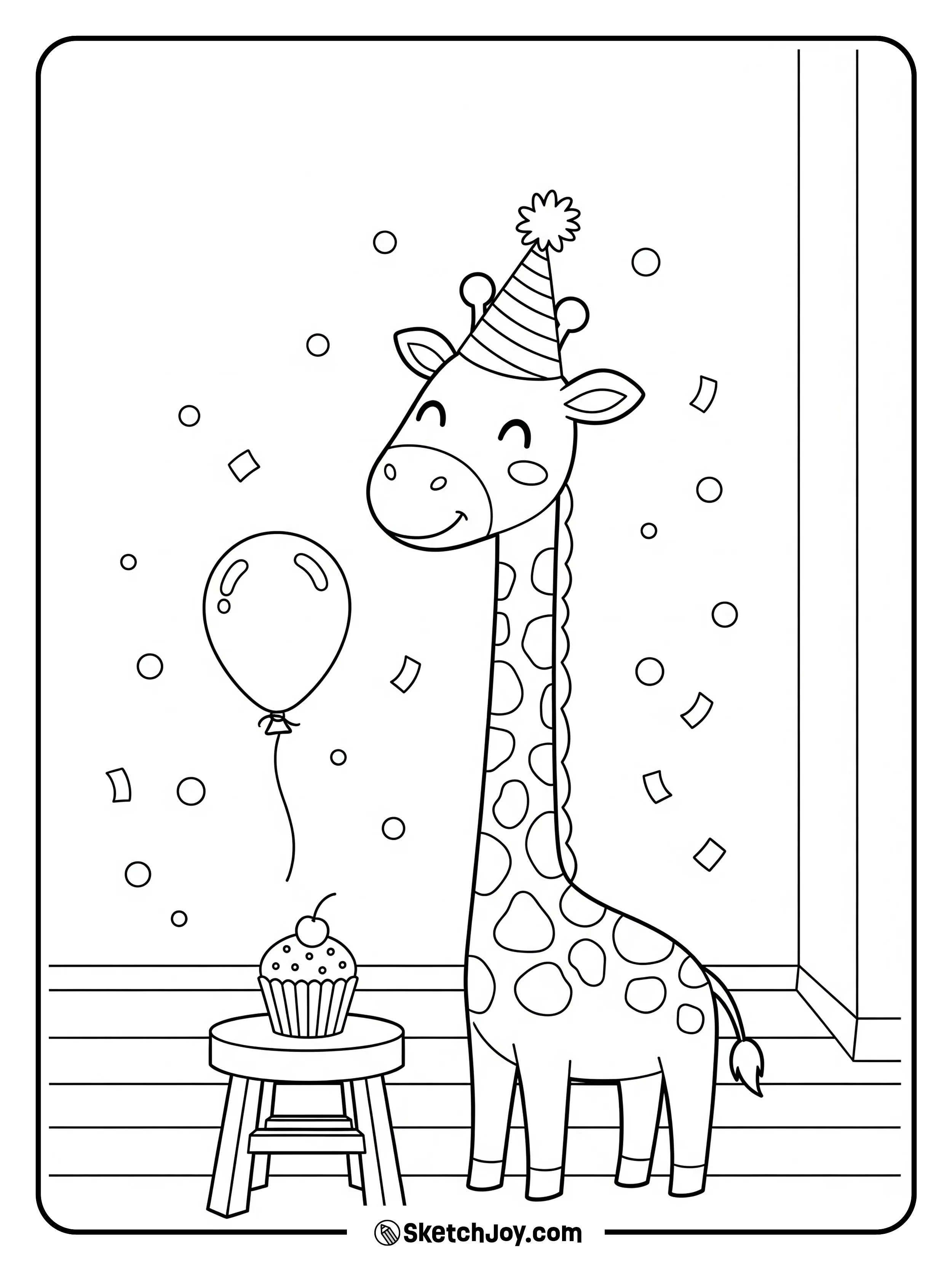 A happy giraffe wears a cone hat and smiles.