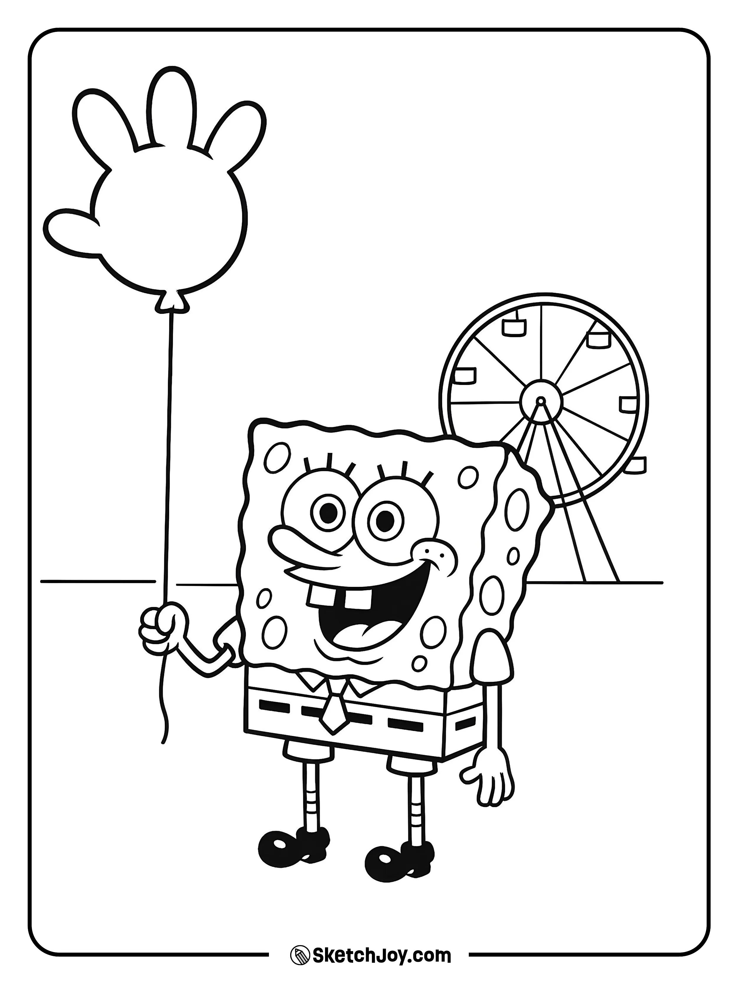 SpongeBob holds a glove-shaped balloon.