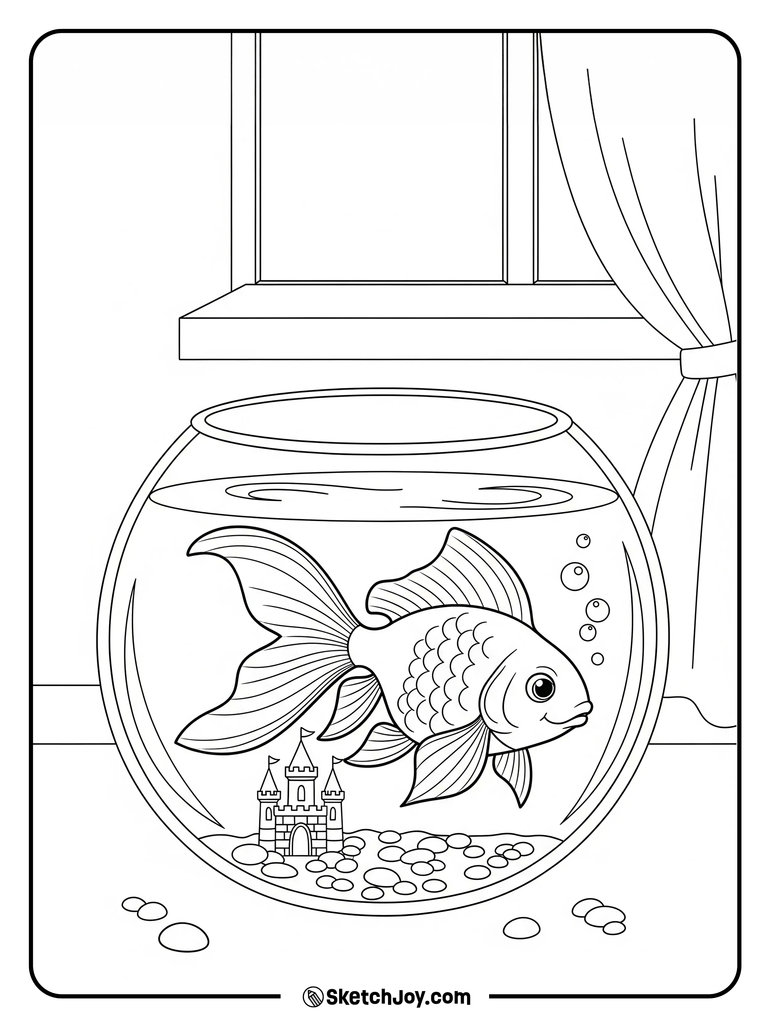 A round goldfish swims near a castle toy in a glass bowl.