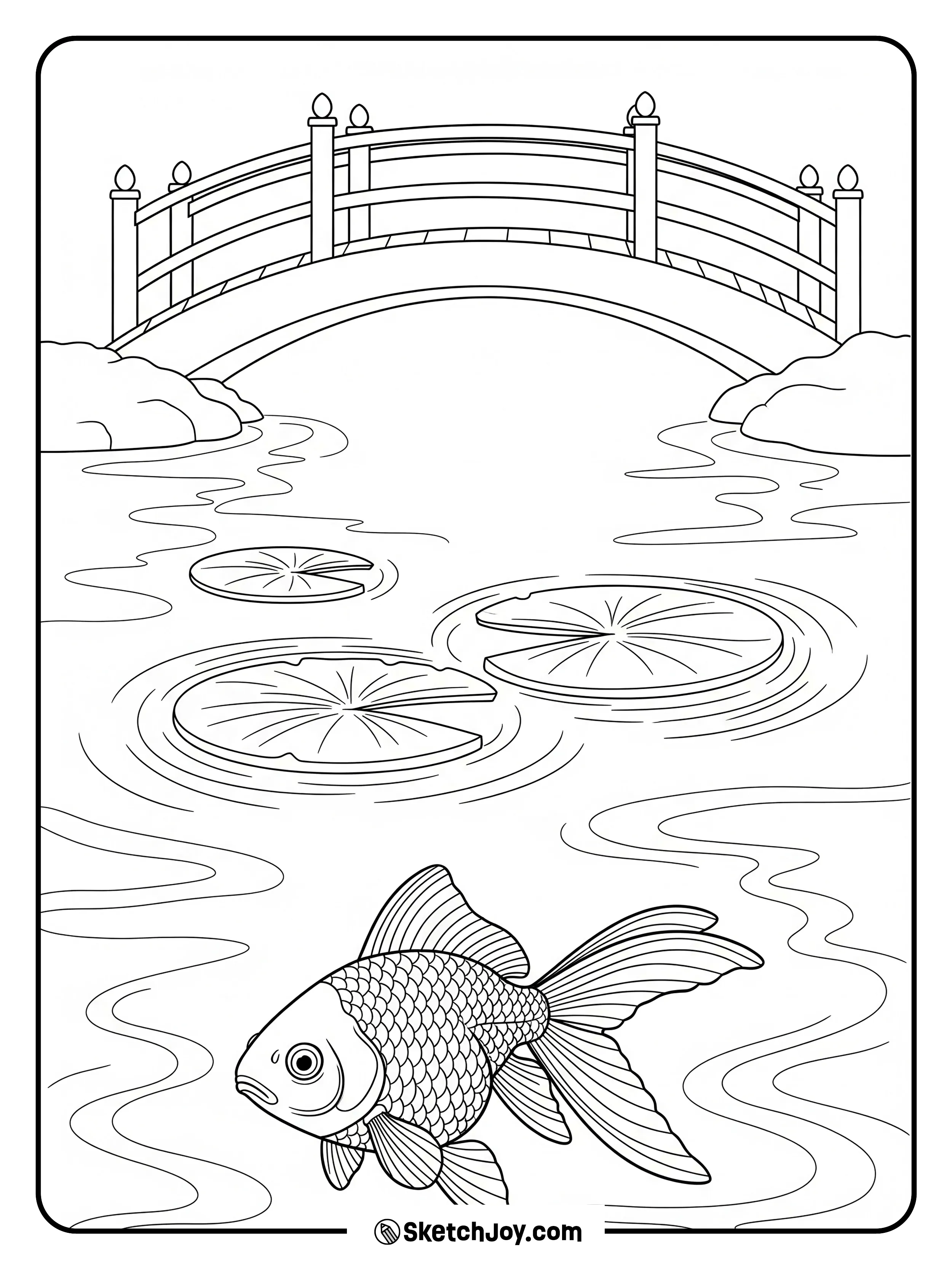 A goldfish swims under a footbridge shadow.