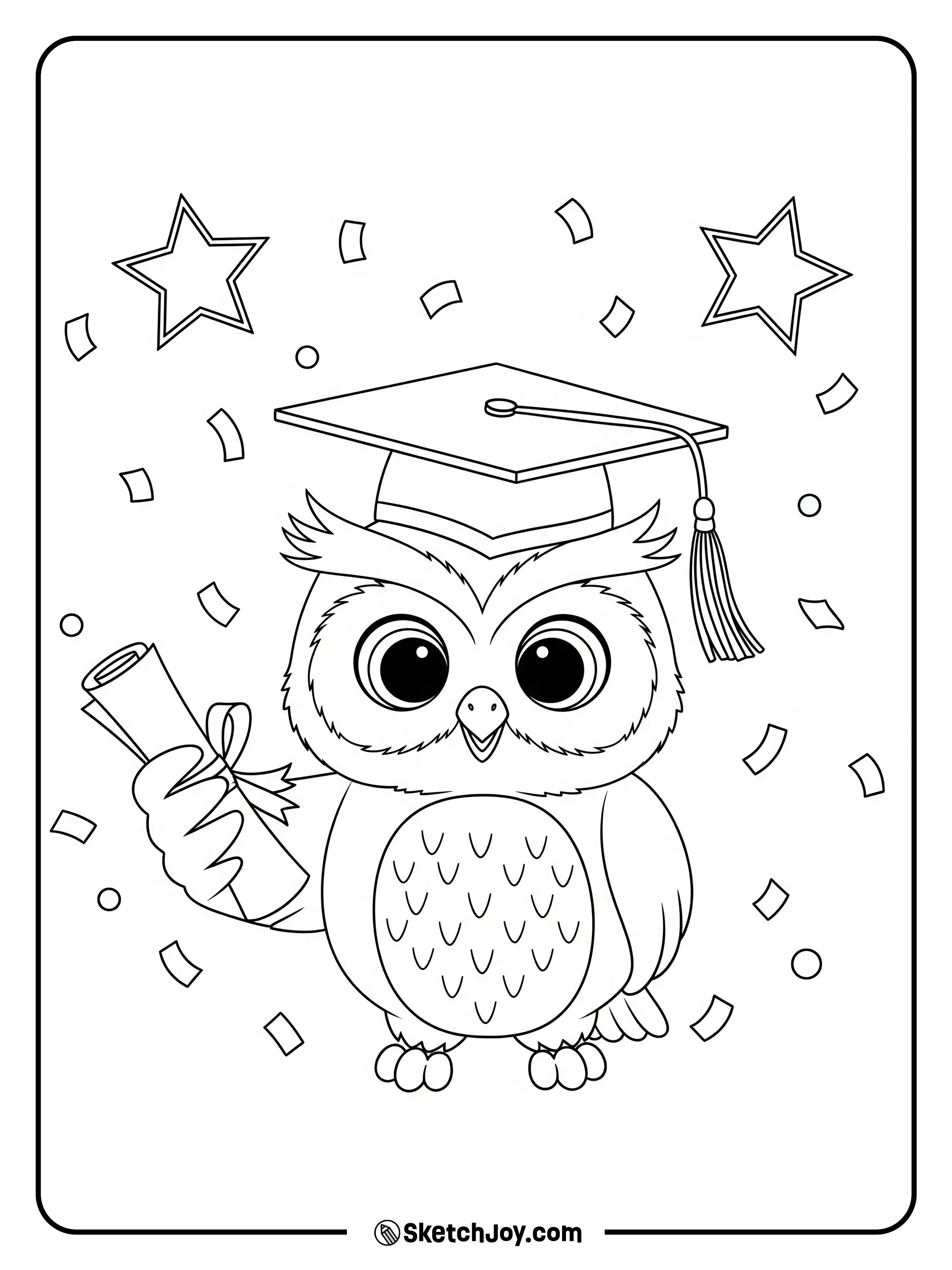 An owl wears a cap and holds a rolled paper with simple confetti around.