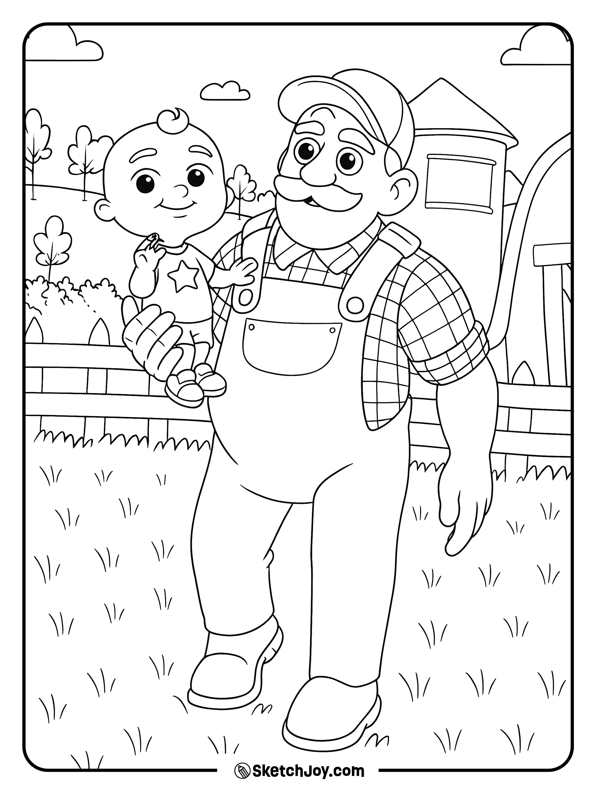 Grandpa Ernest carries JJ across the yard by the barn and silo