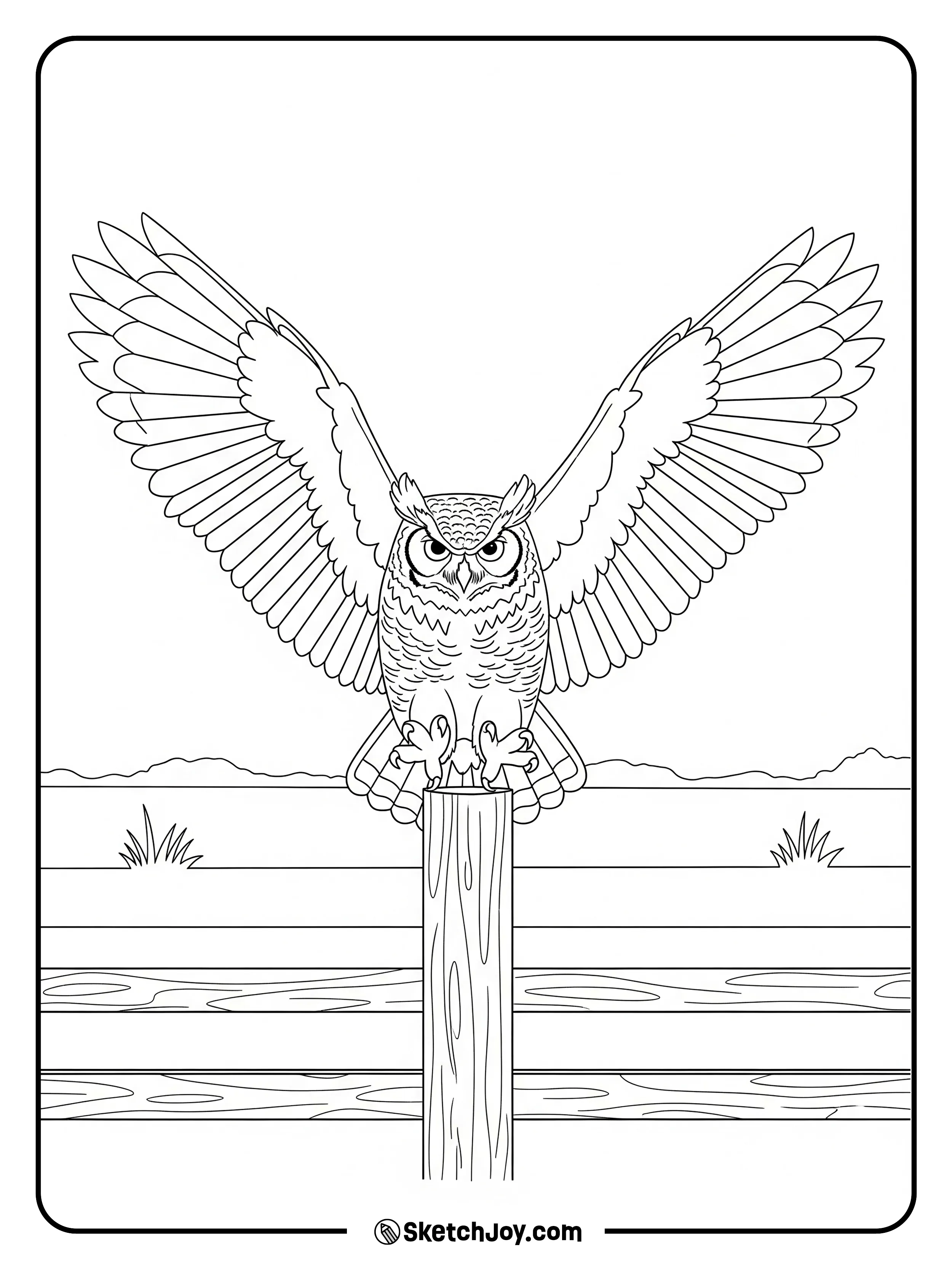 An owl comes in to land on a fence post in a field at dusk.