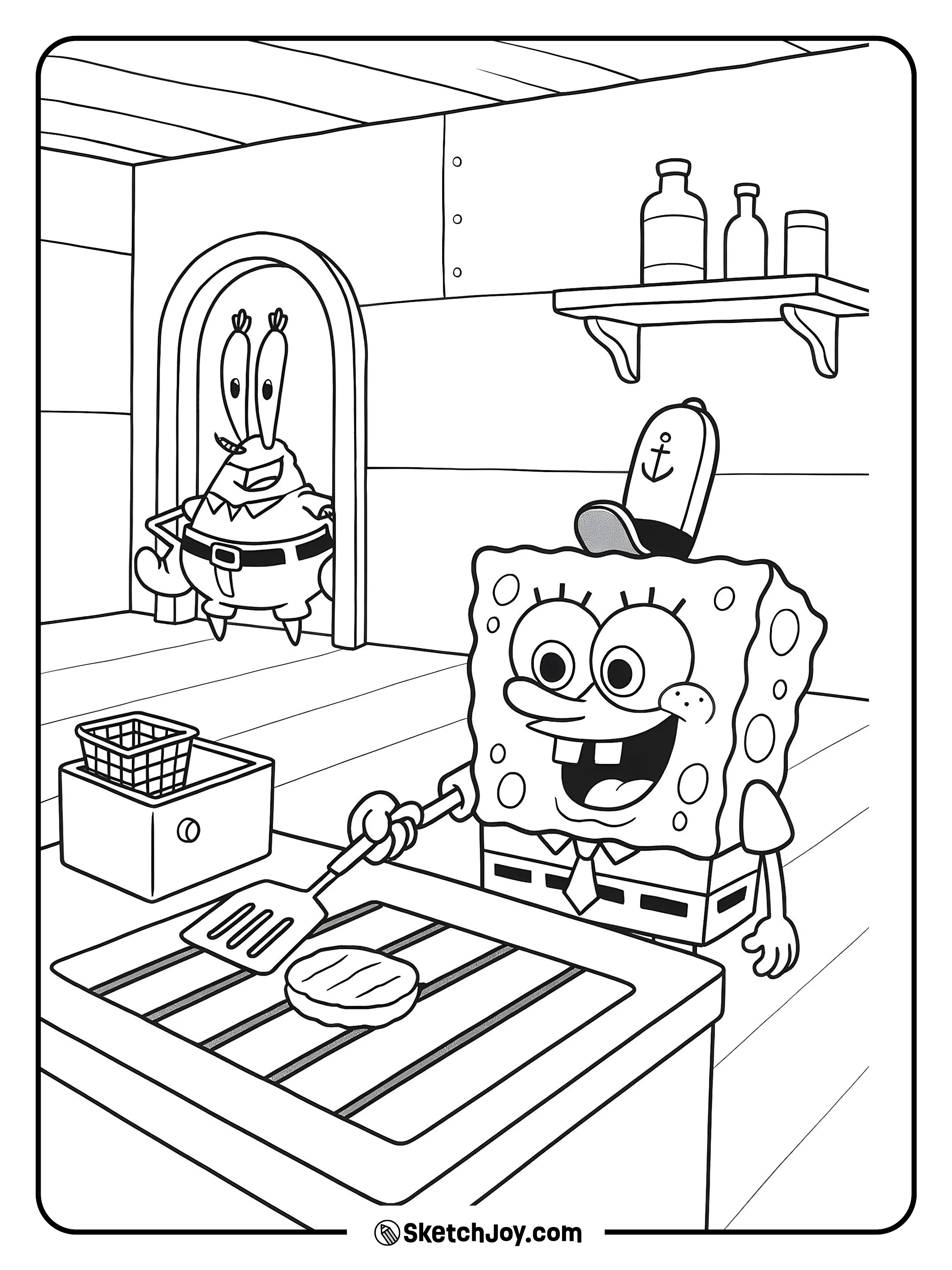 SpongeBob flips a patty while Mr. Krabs watches proudly from the doorway.