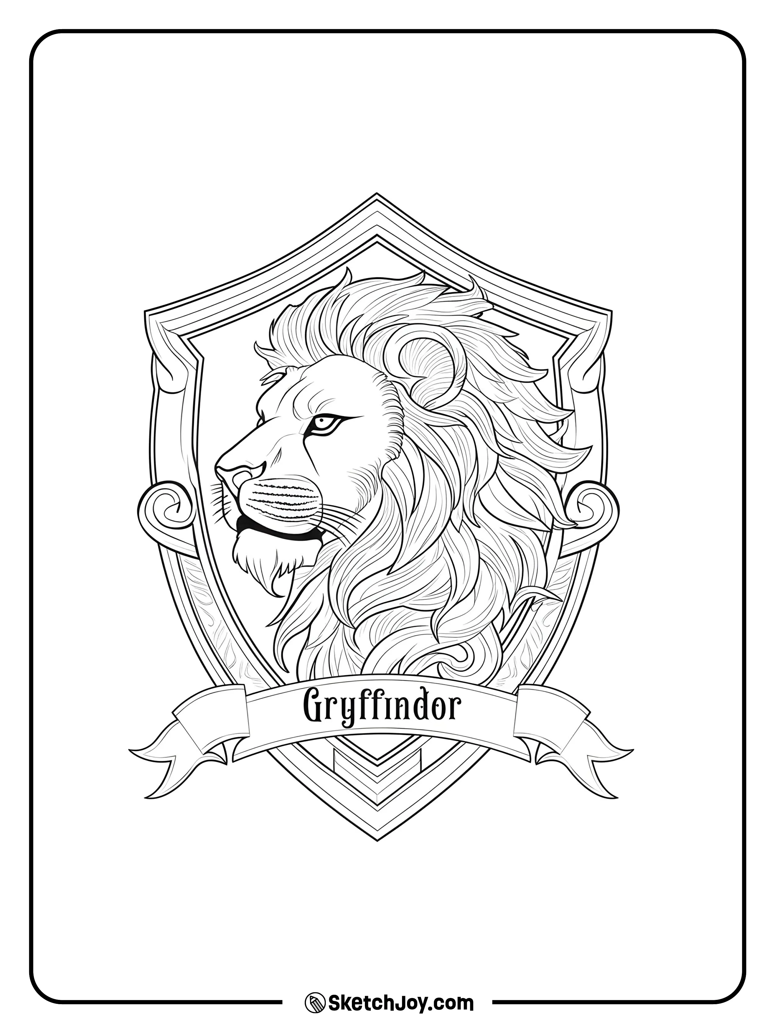 A proud lion head fills a shield, with a ribbon that shows the name.