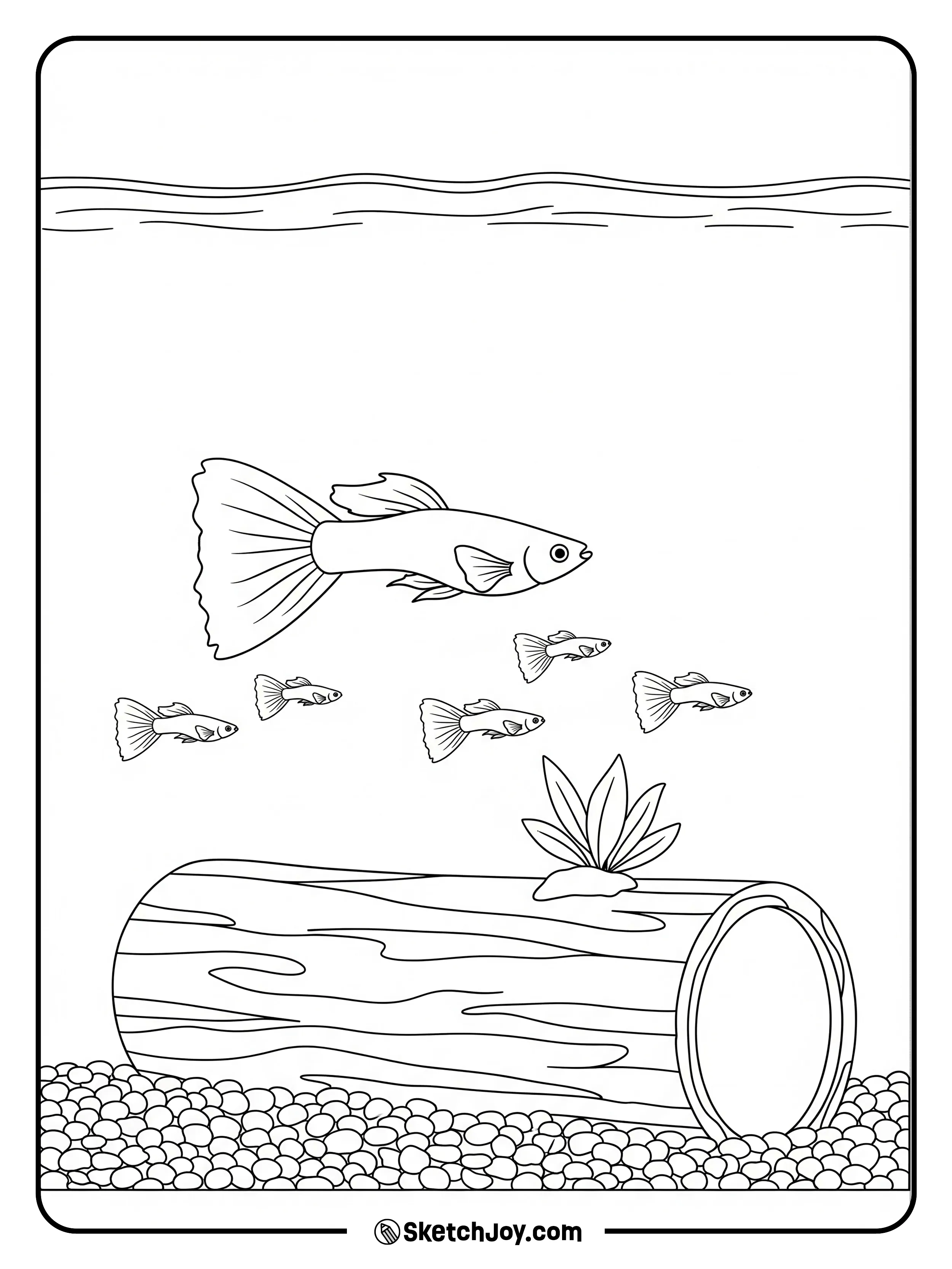 Small guppies swim beside a hollow log.