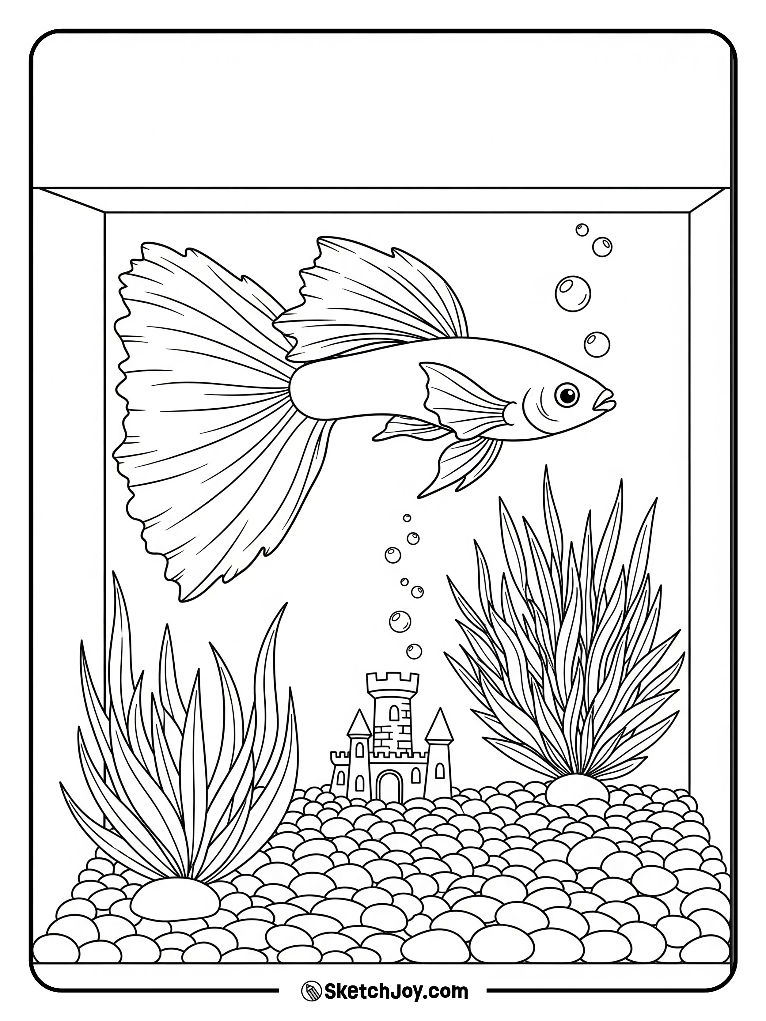 A guppy glides past a toy castle in a small tank.