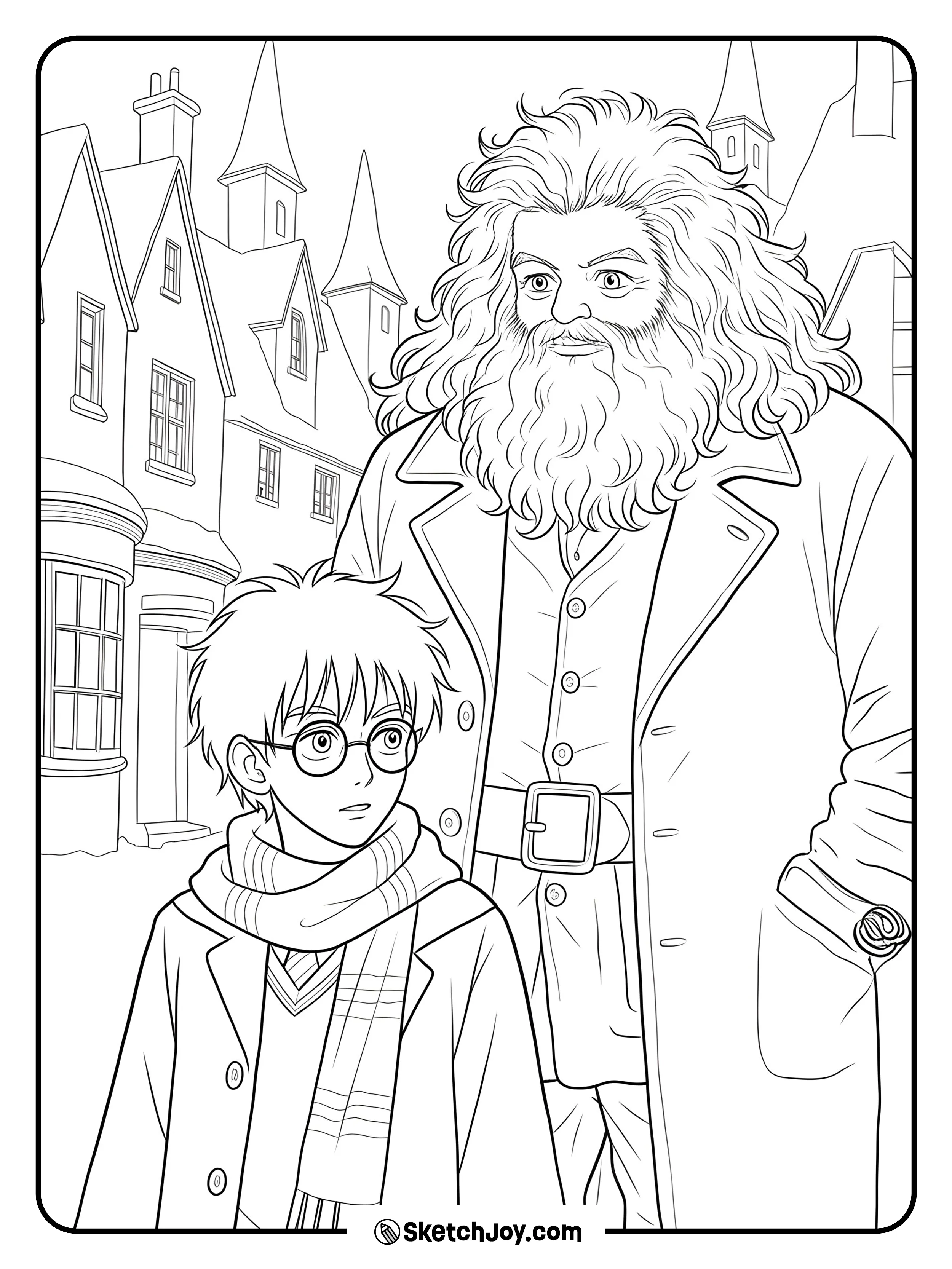 Hagrid stands beside Harry in a coat and scarf.