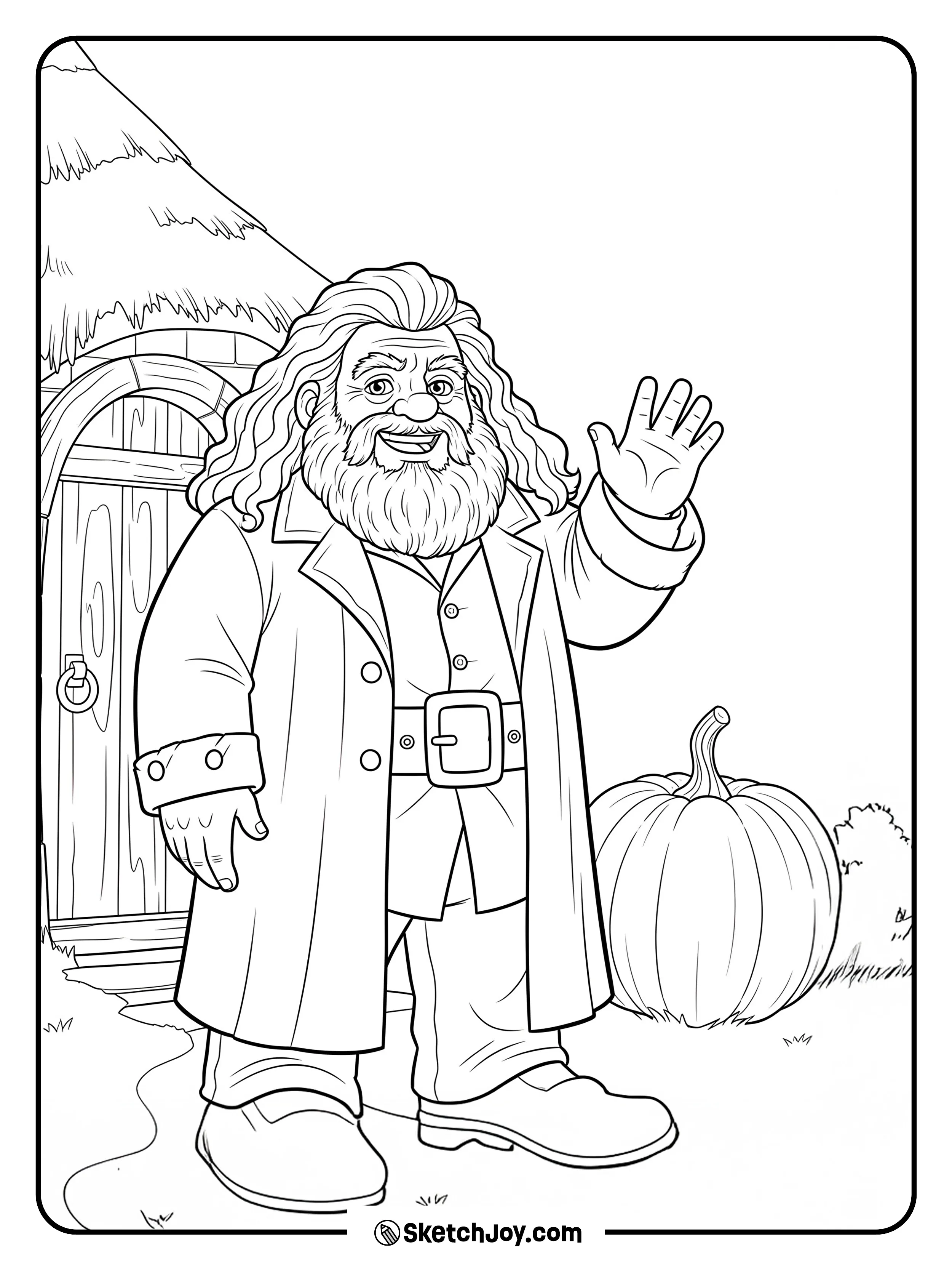 Hagrid gives a friendly wave near his door.