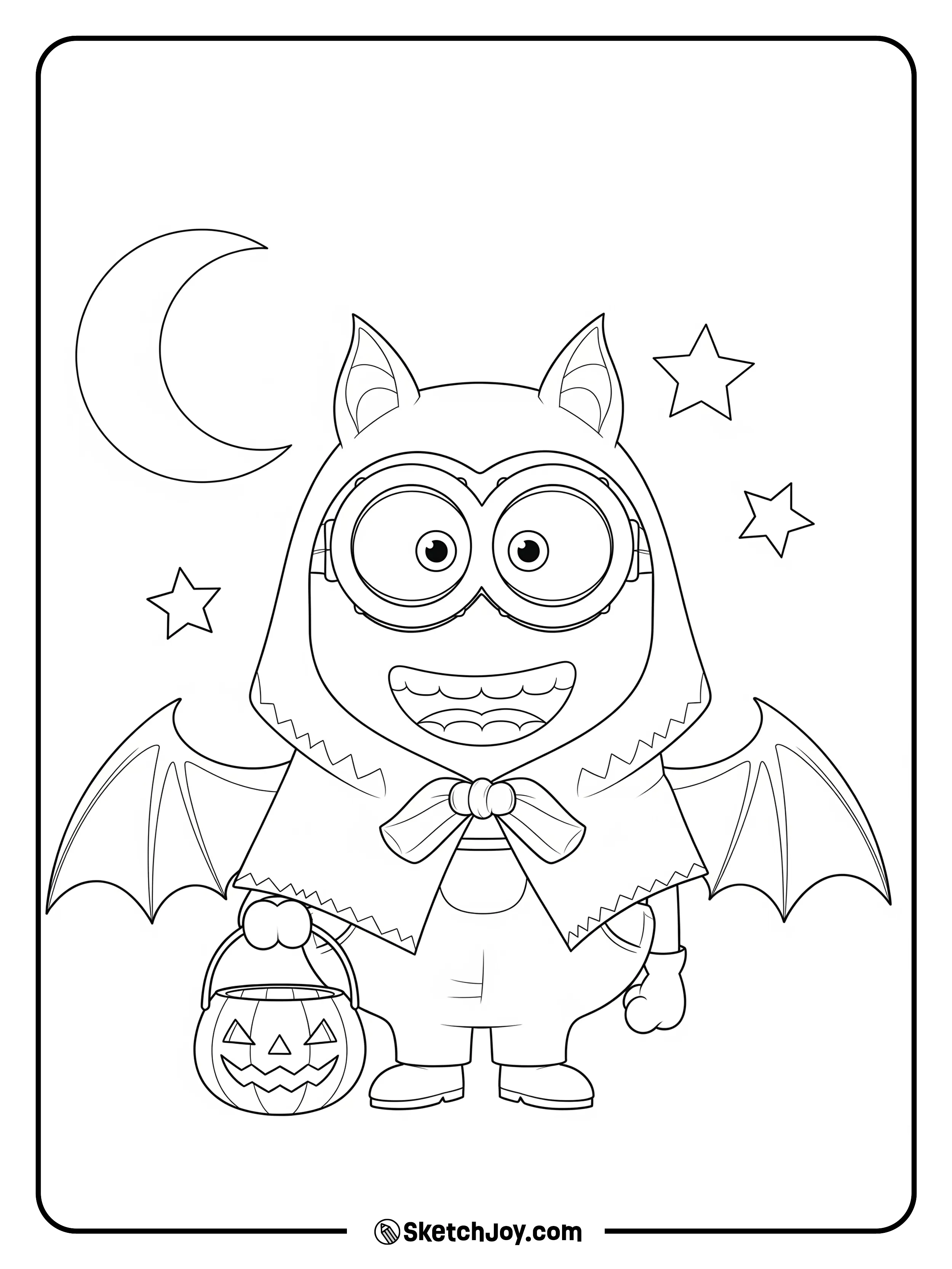 A Minion wears a bat cape and holds a tiny pumpkin bucket.