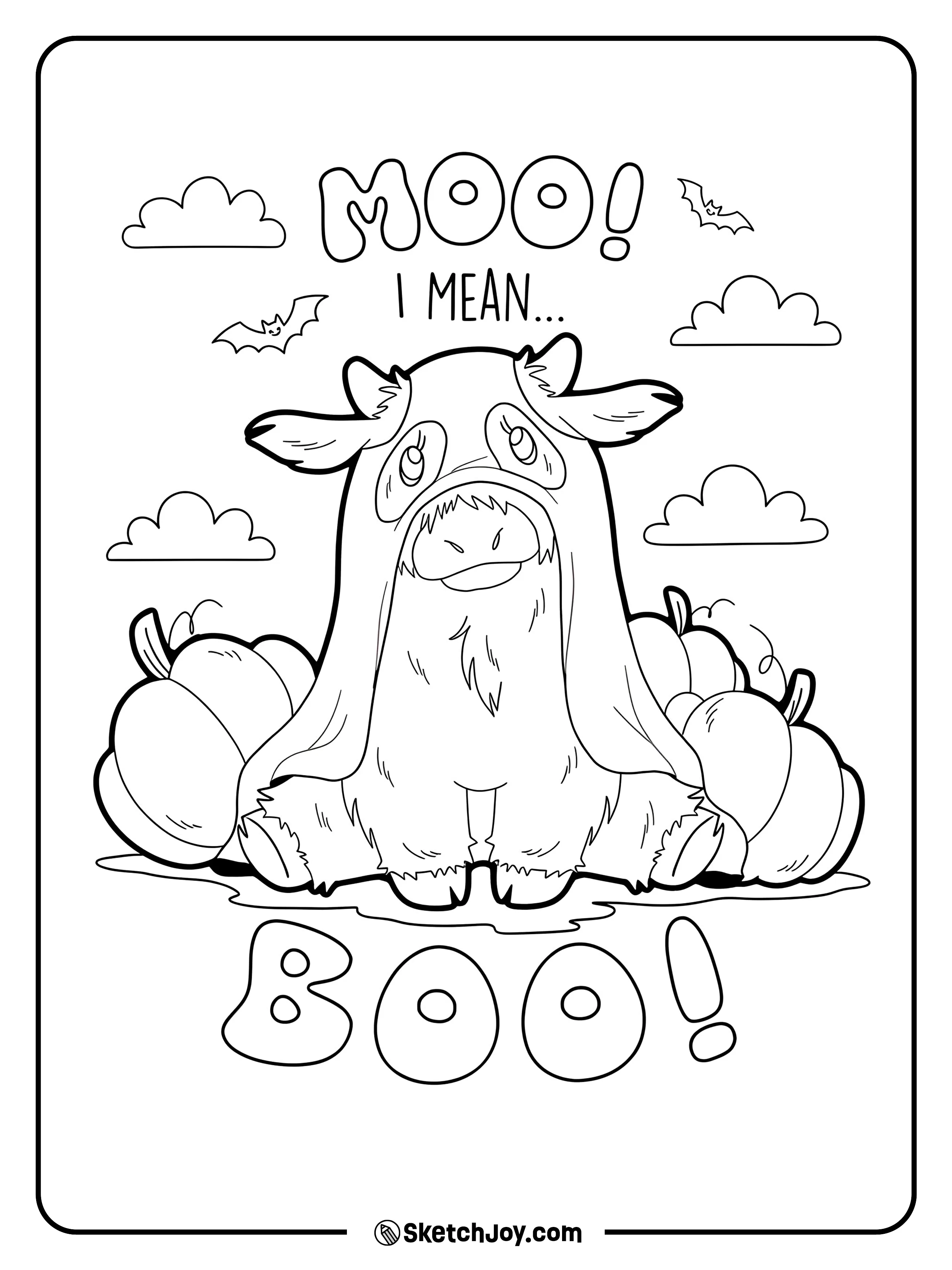 A fluffy cow sits among pumpkins wearing a ghost costume.