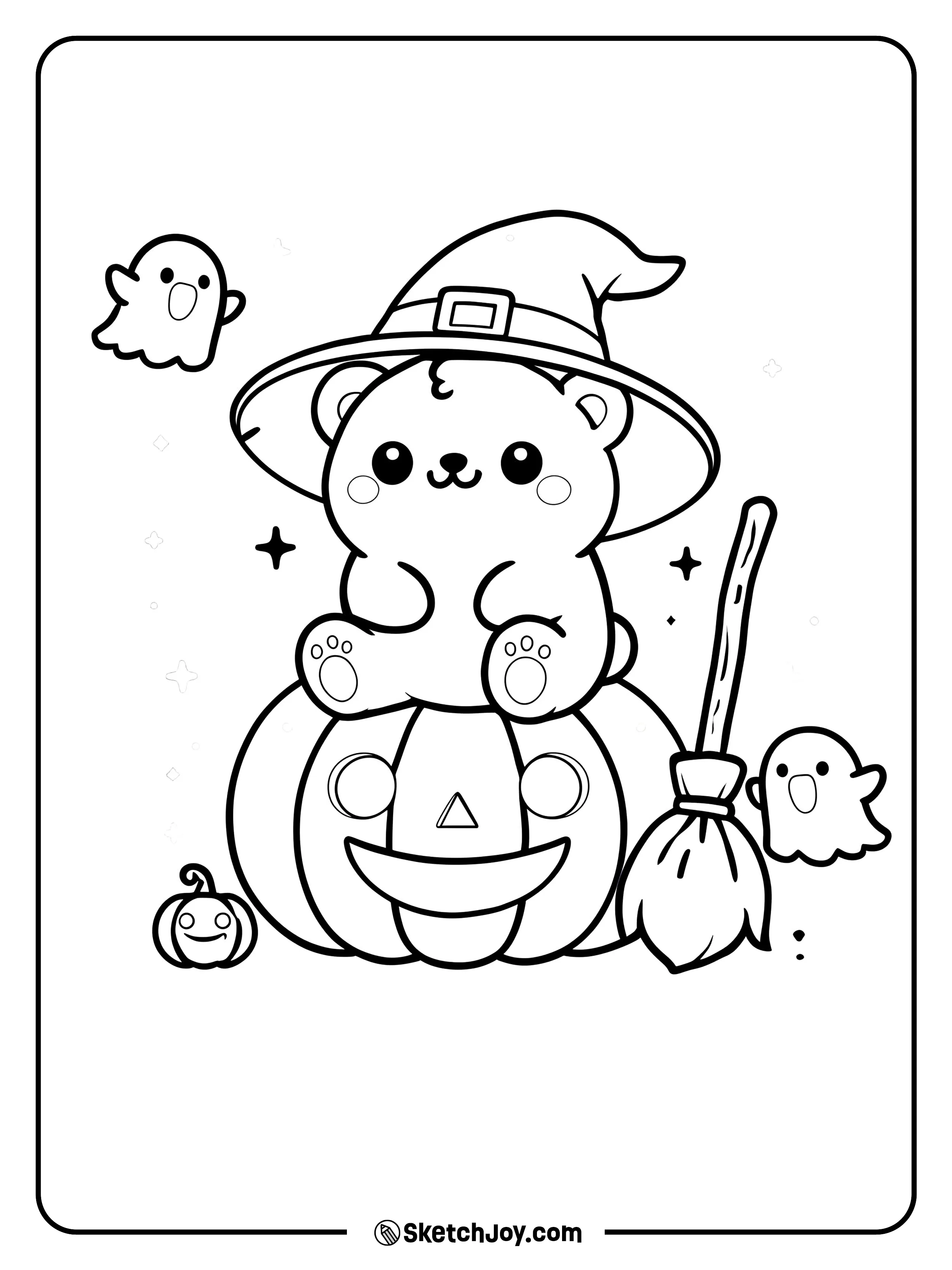 A kawaii bear in a witch hat sits on a halloween pumpkin.