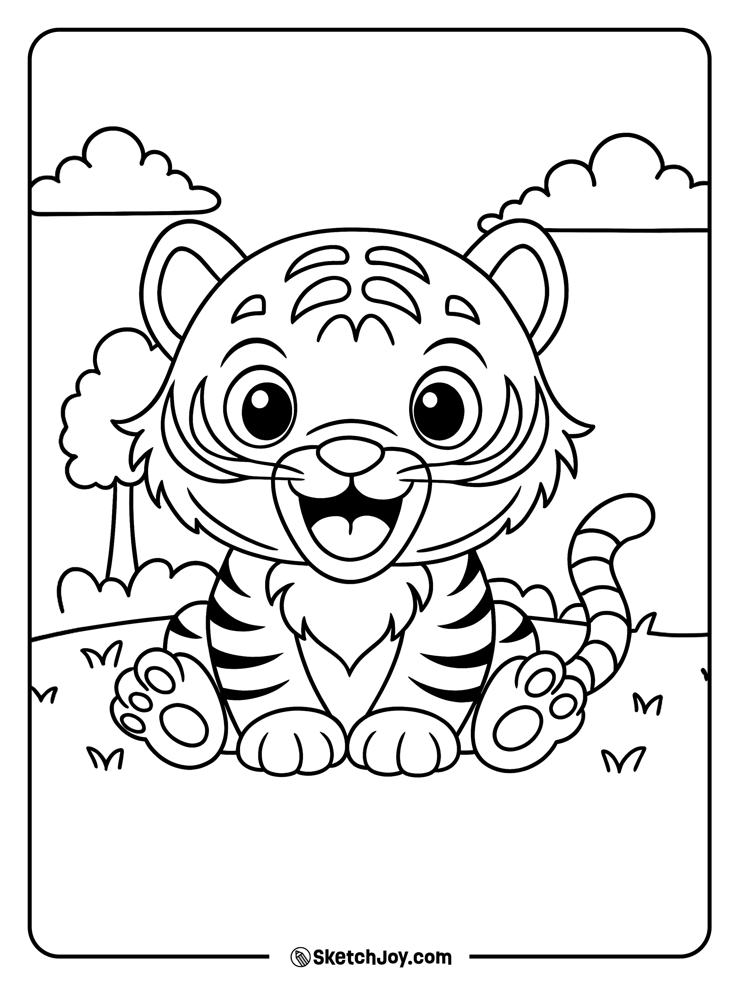 A baby tiger sits with paws forward and a big smile.