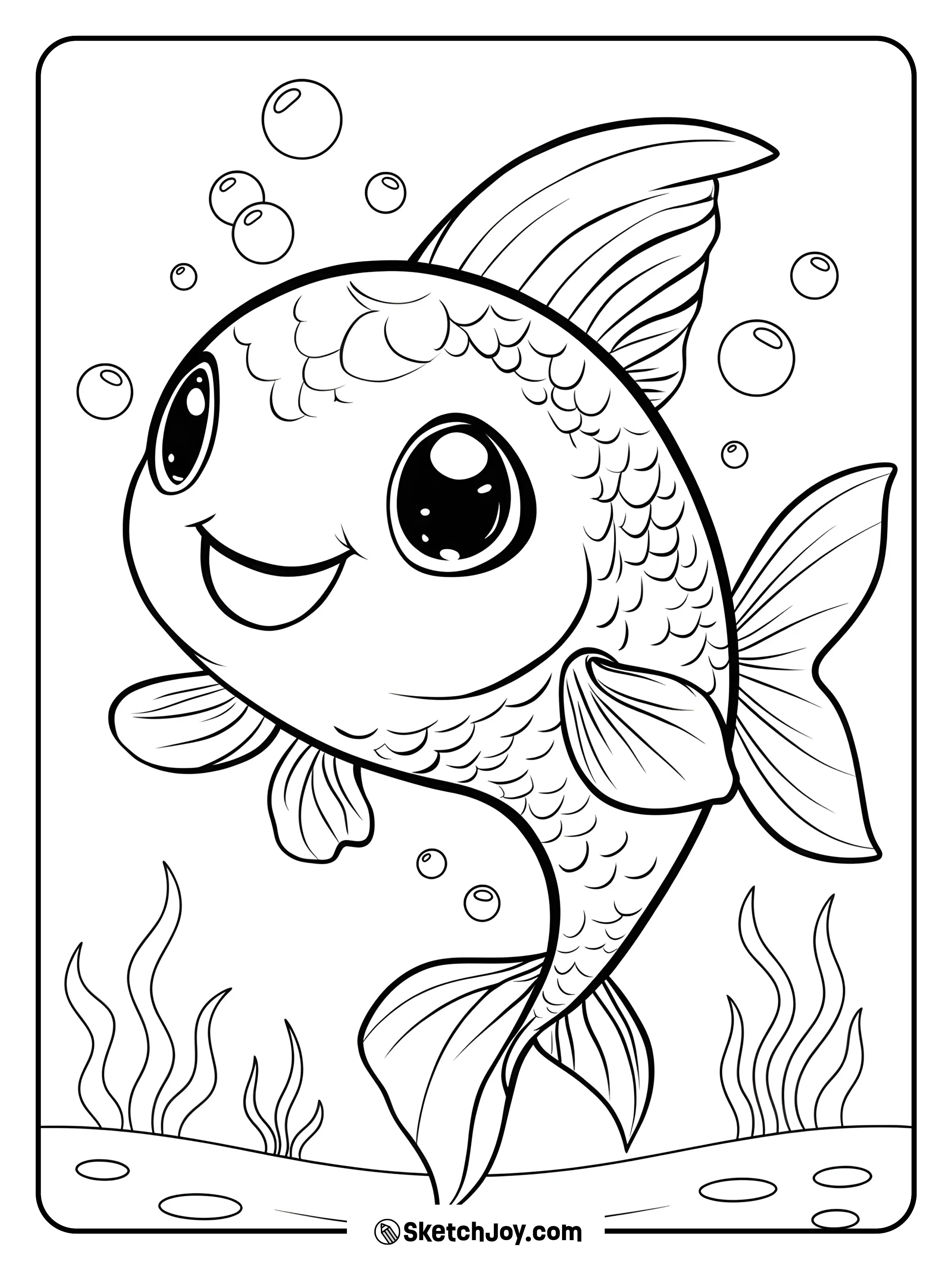 A big-eyed goldfish swims upward with a wide smile.
