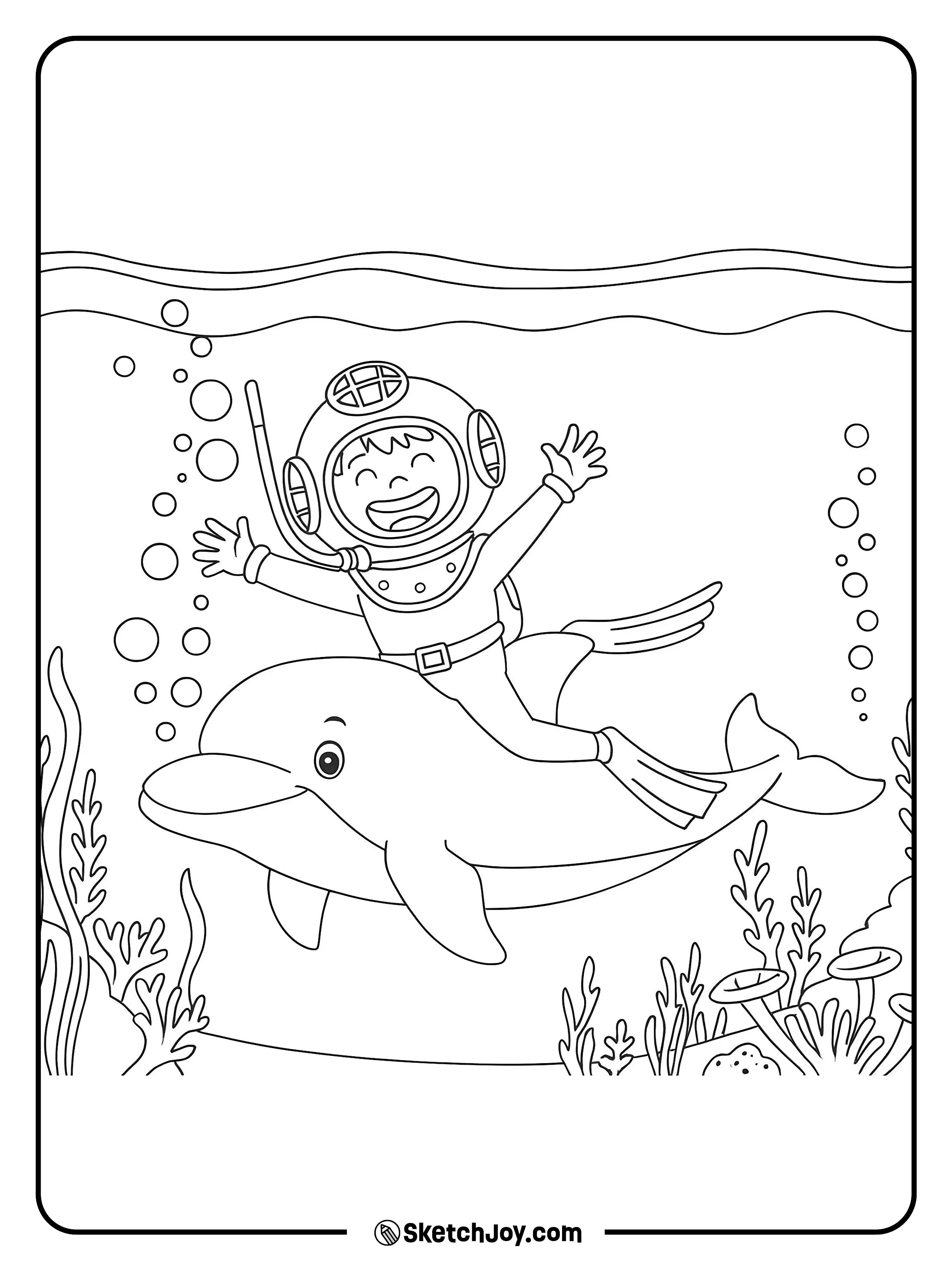 A smiling kid in an old round helmet and flippers rides a friendly dolphin.