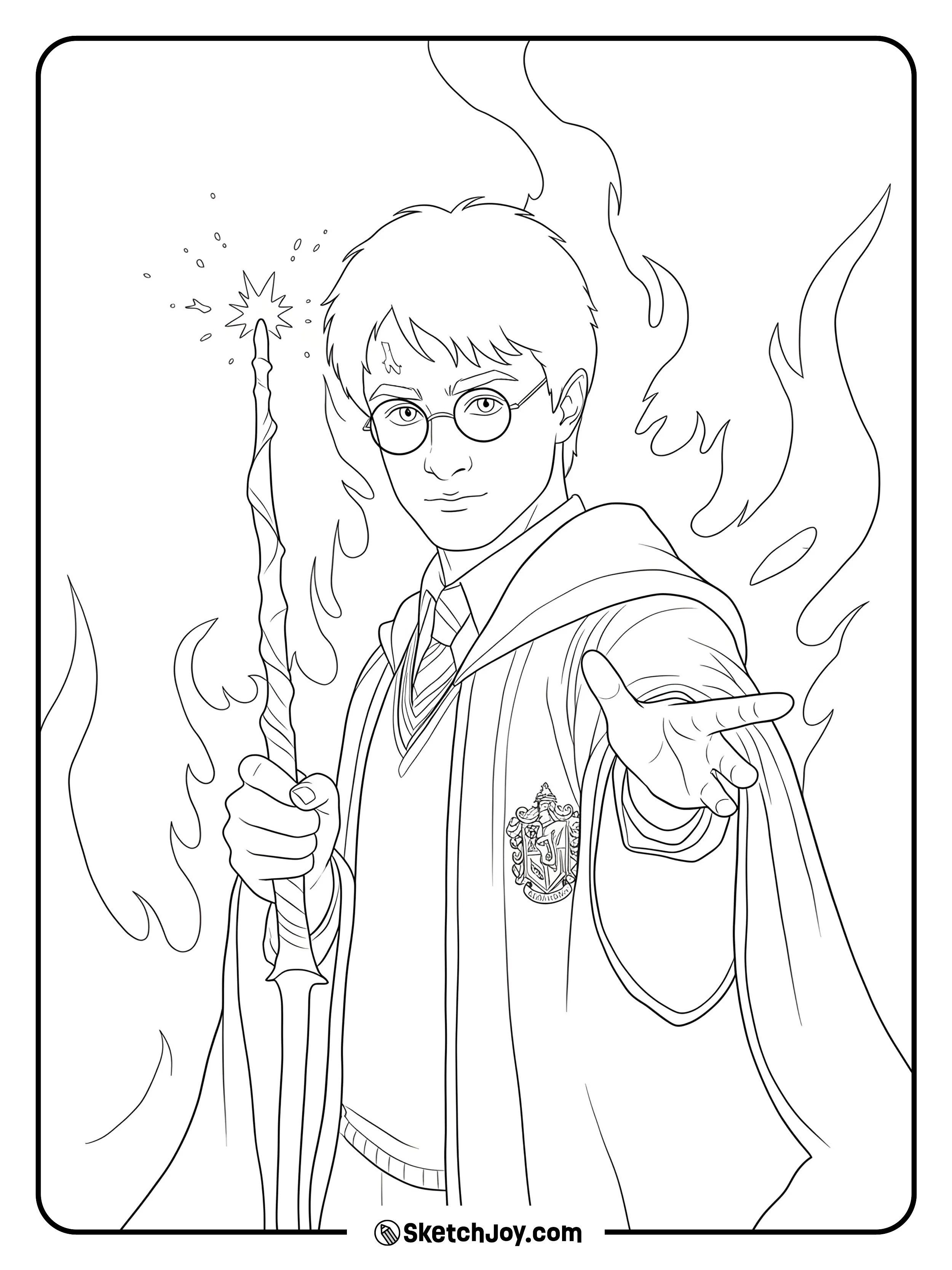 Harry stands in his robe with his wand raised and his other hand reaching forward.
