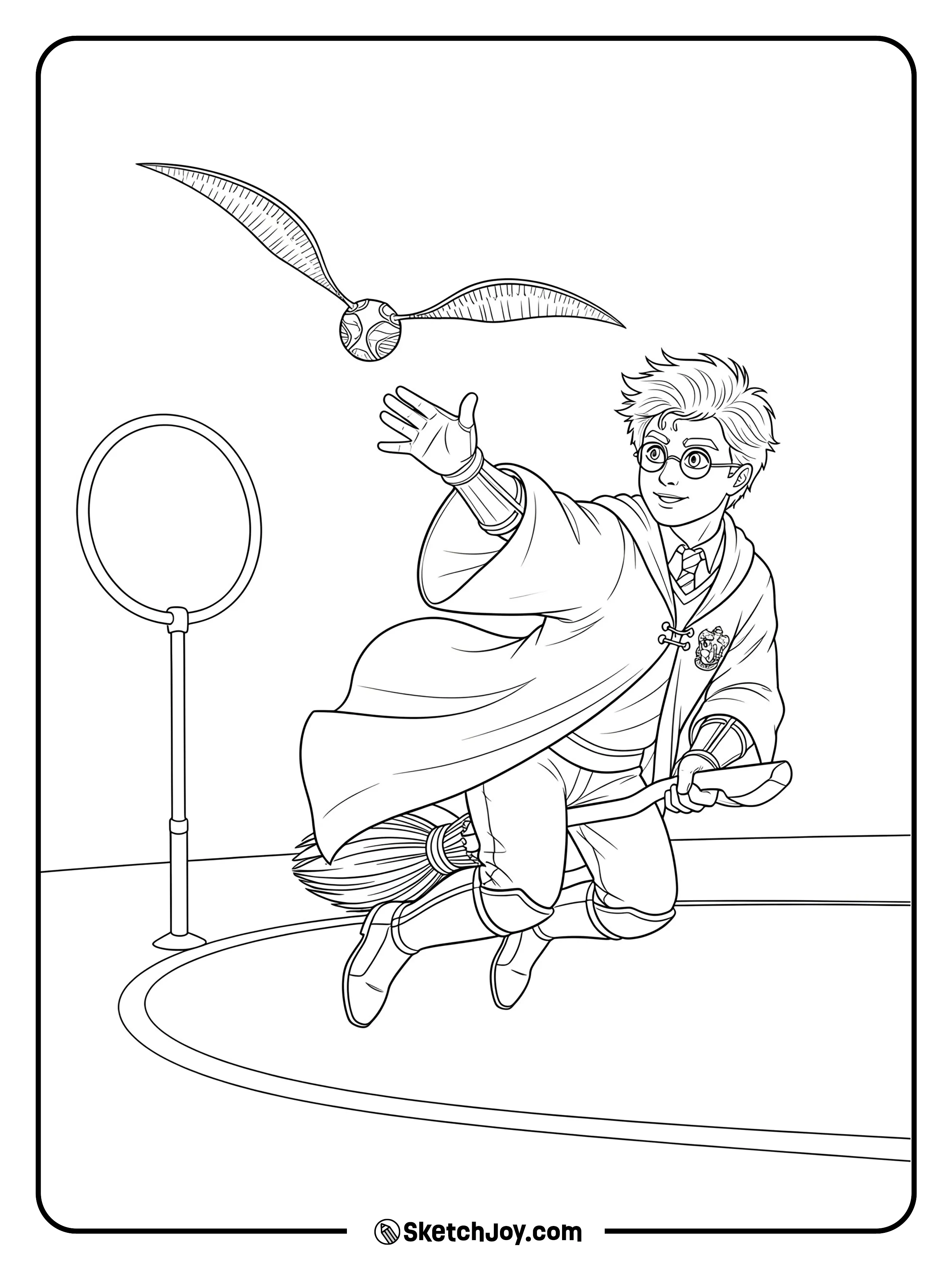 Harry flies fast and reaches toward the small winged ball.