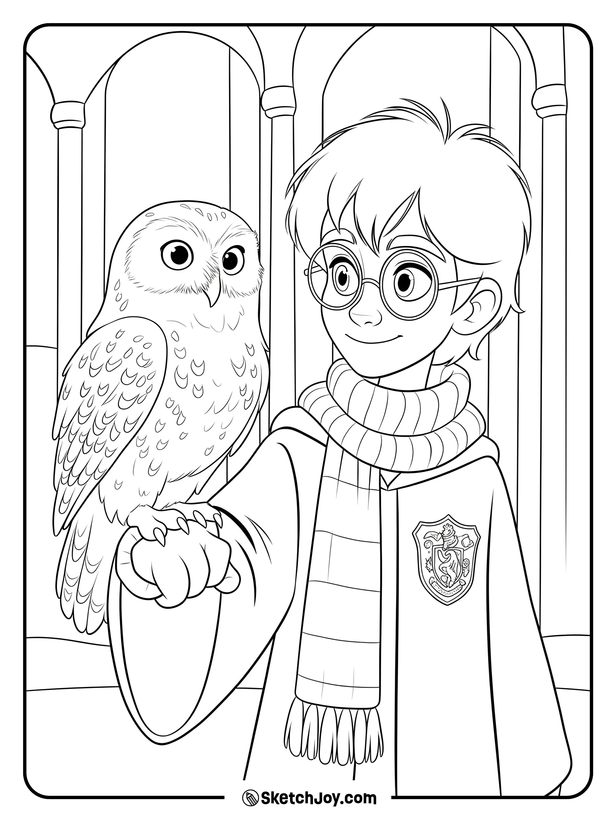 Harry smiles while Hedwig sits on his arm