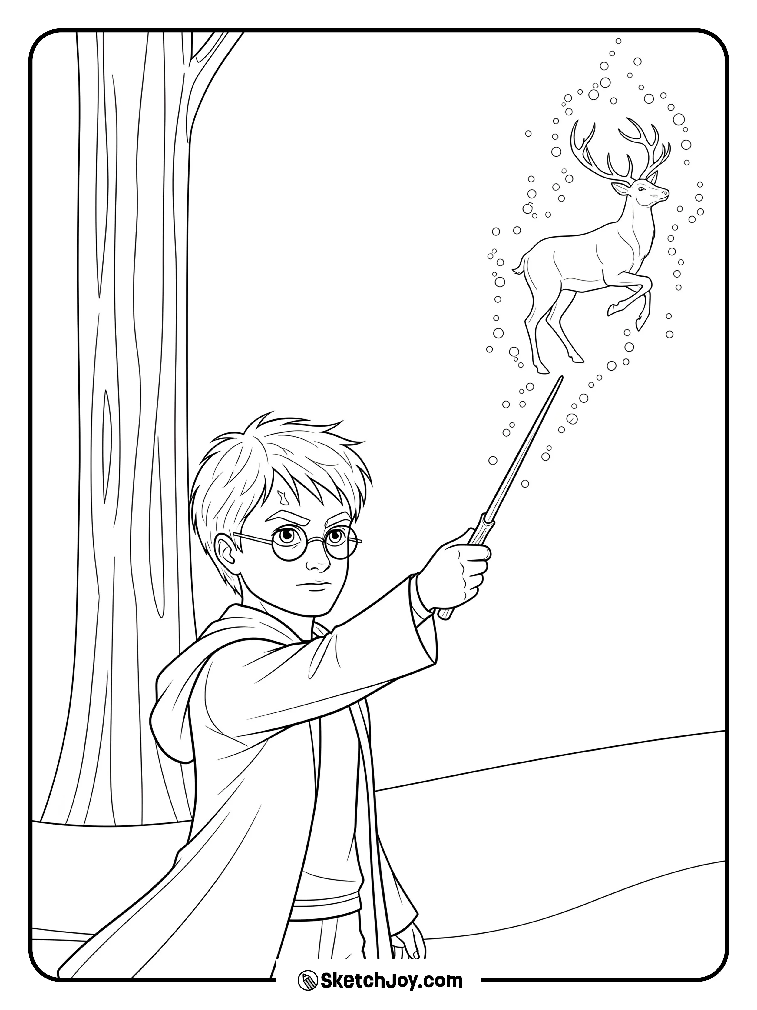 A bright stag stands near Harry in a quiet wood.