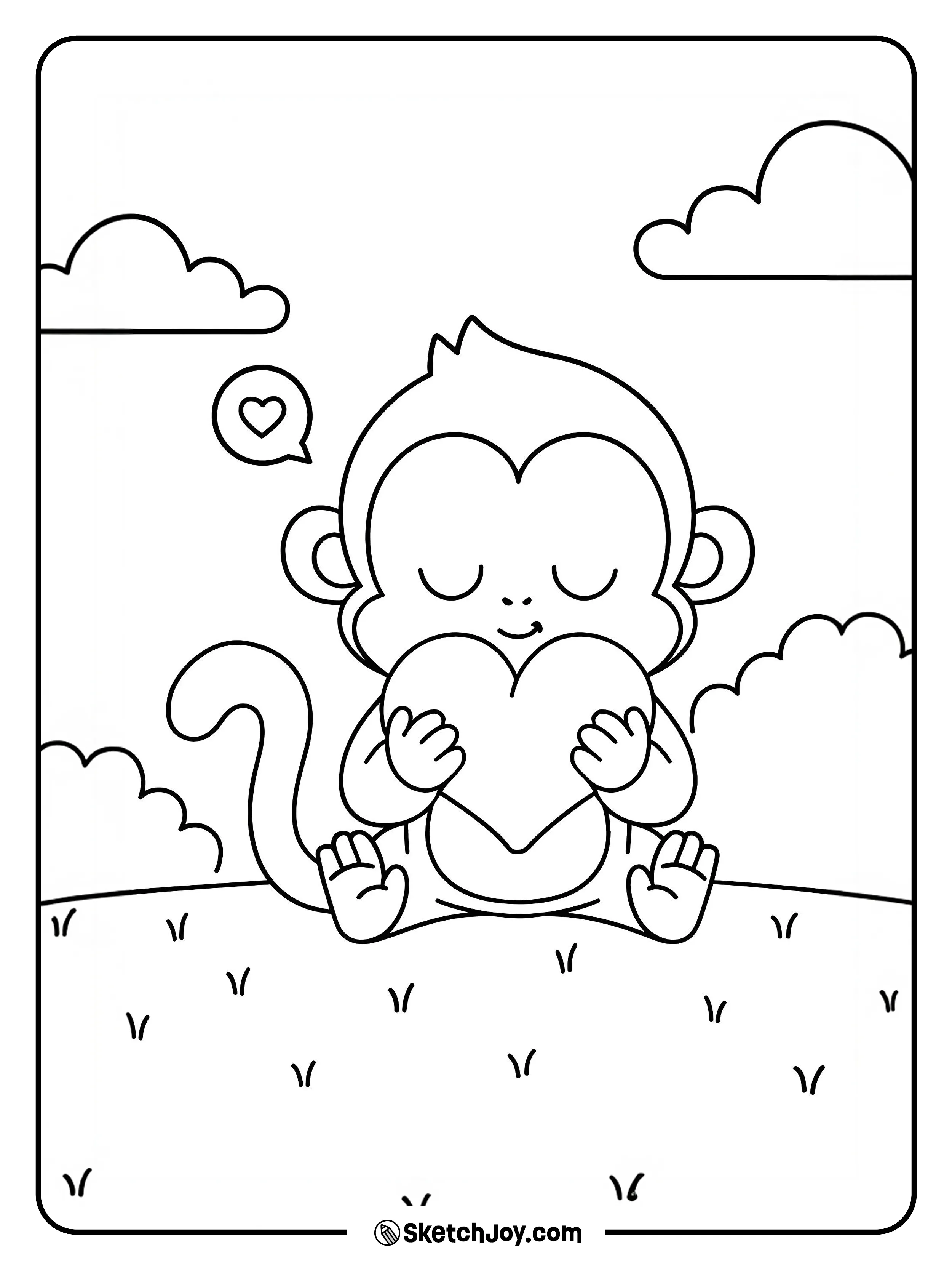 A small monkey sits on a grassy hill, eyes closed, hugging a big heart.