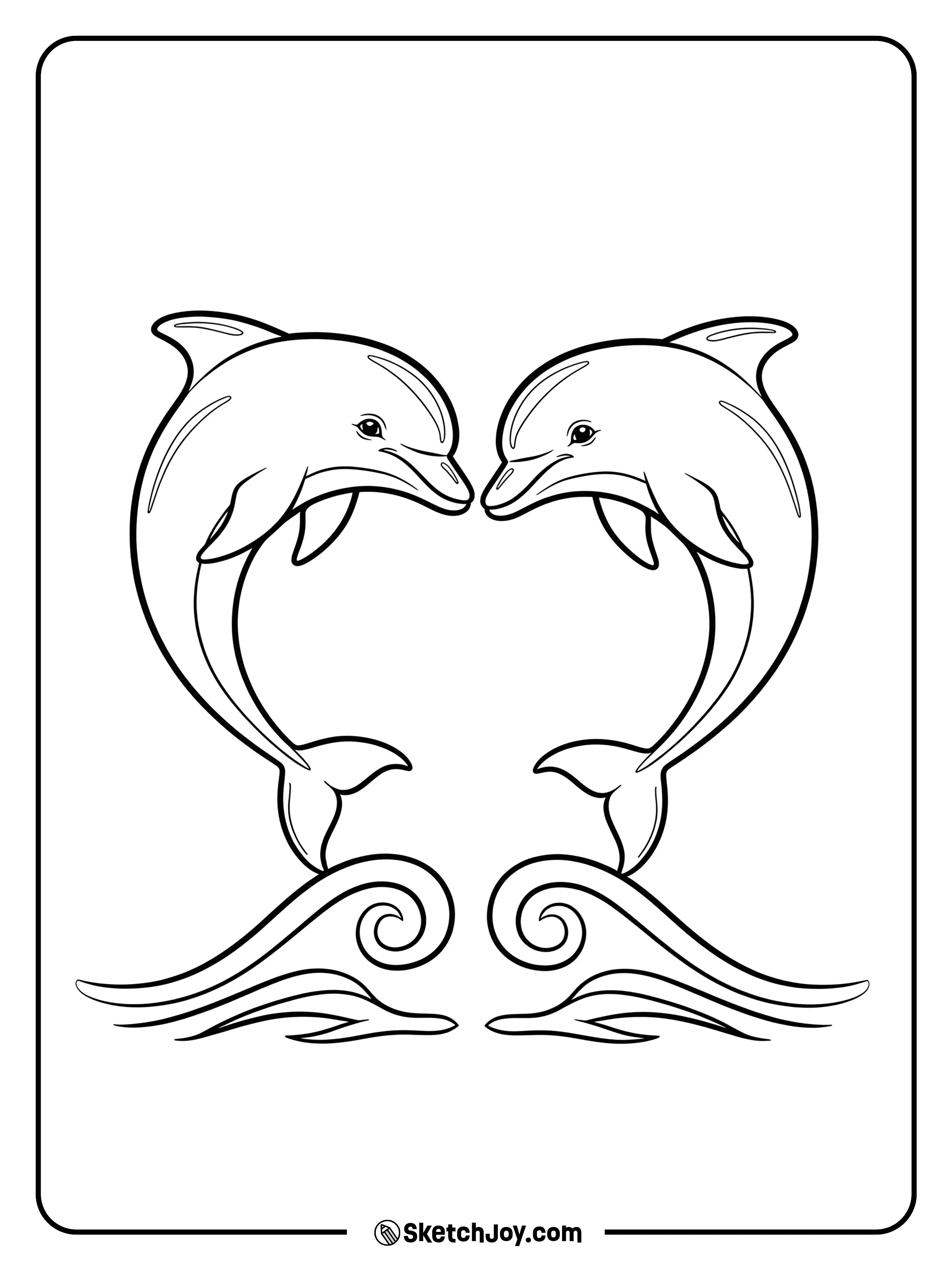 Two dolphins arc to form a heart gap between them.