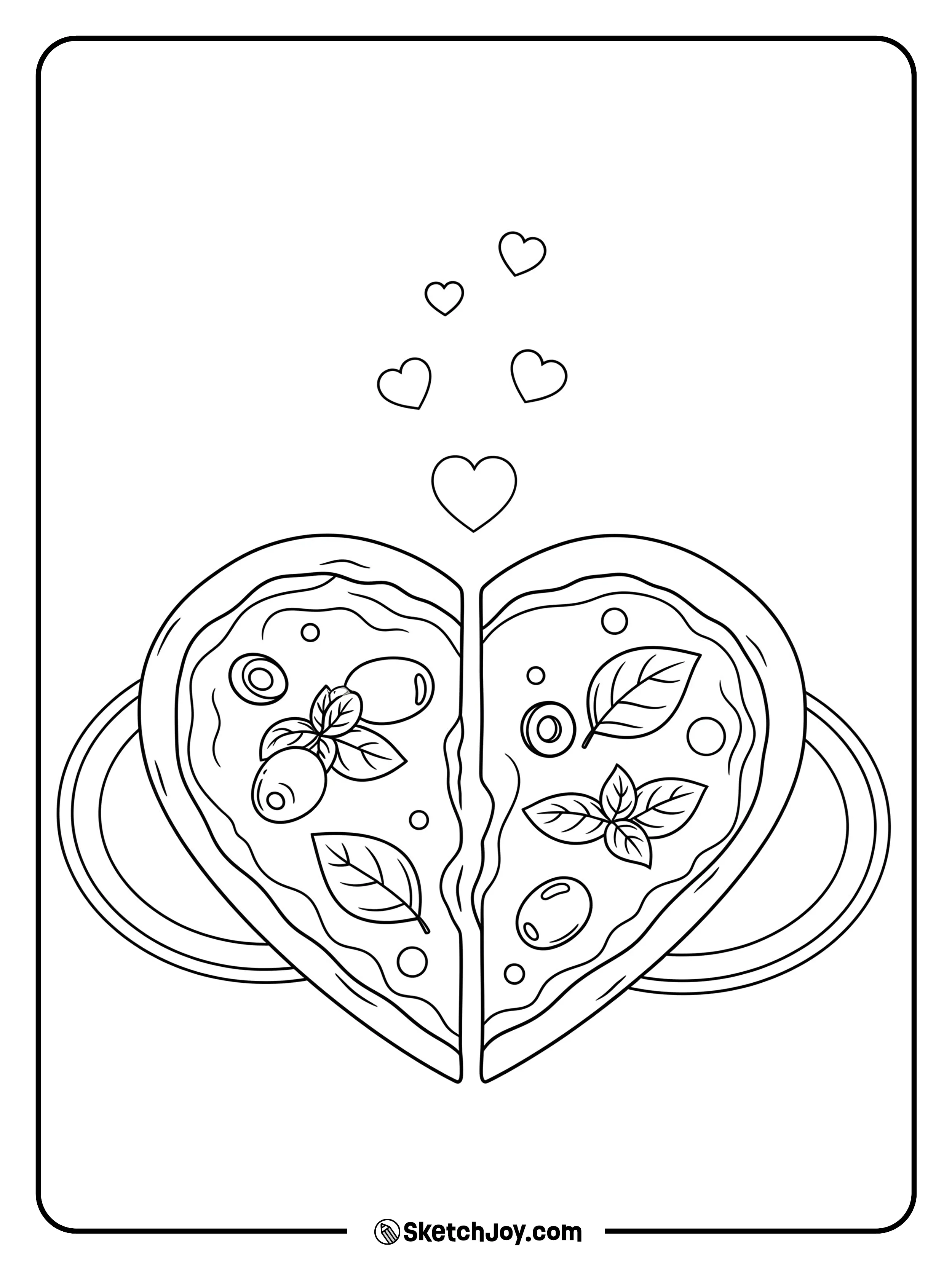 A heart pizza cut in two slices with light toppings.