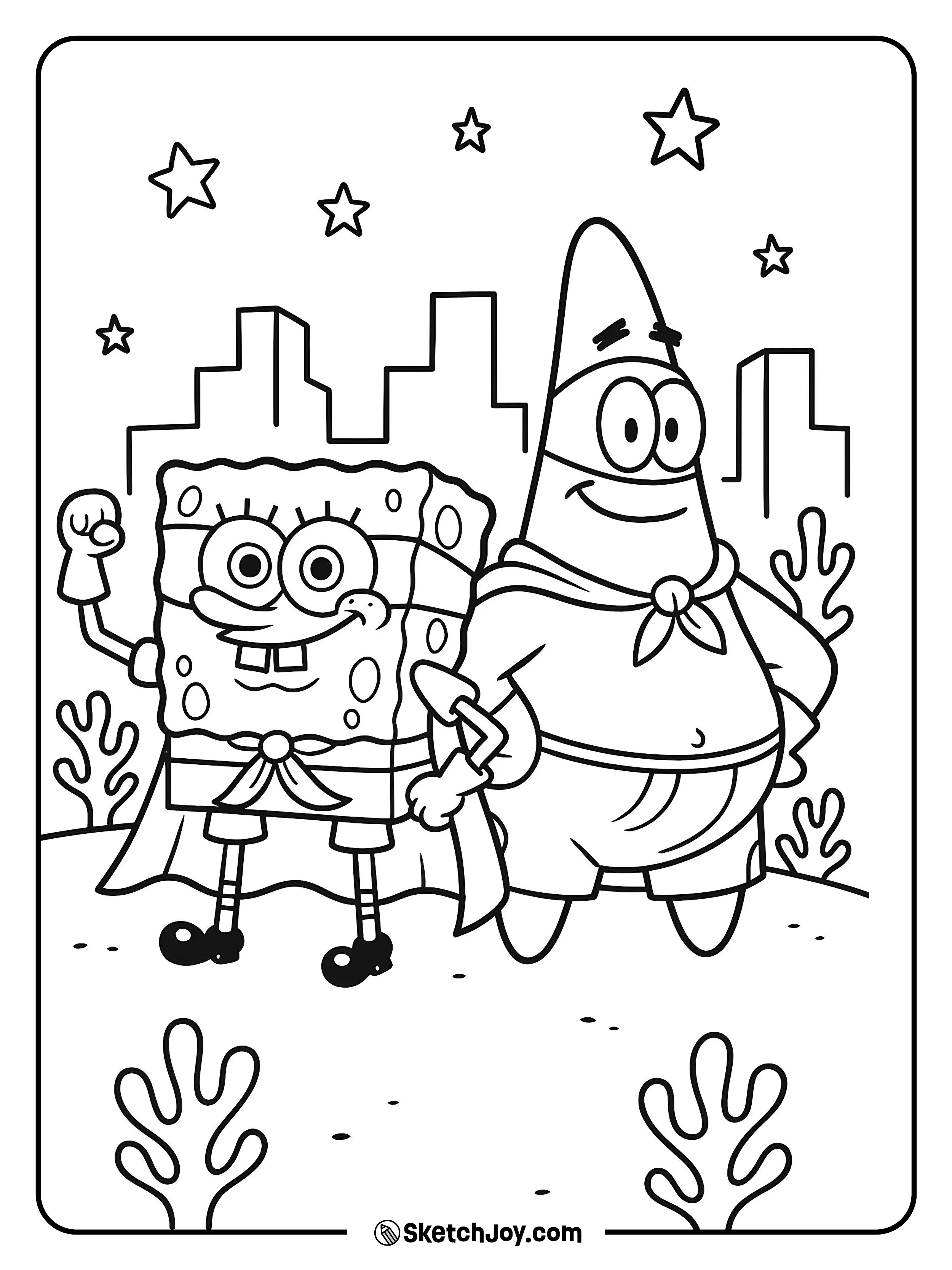 SpongeBob and Patrick pose in homemade hero capes.
