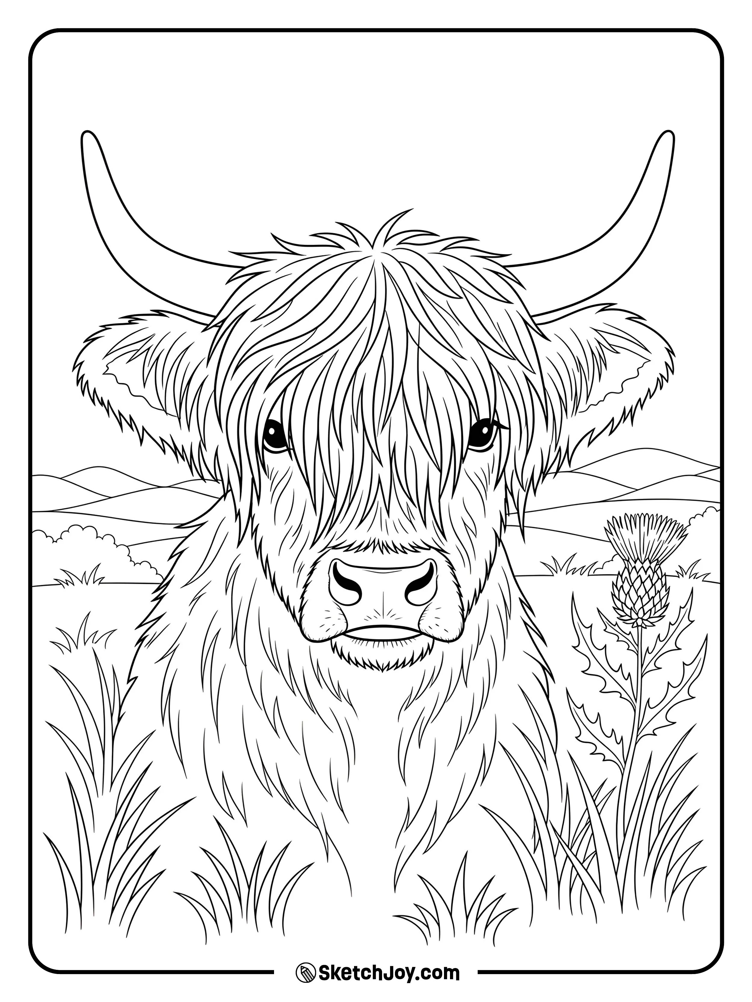 A shaggy Highland cow faces forward, horns curved wide.