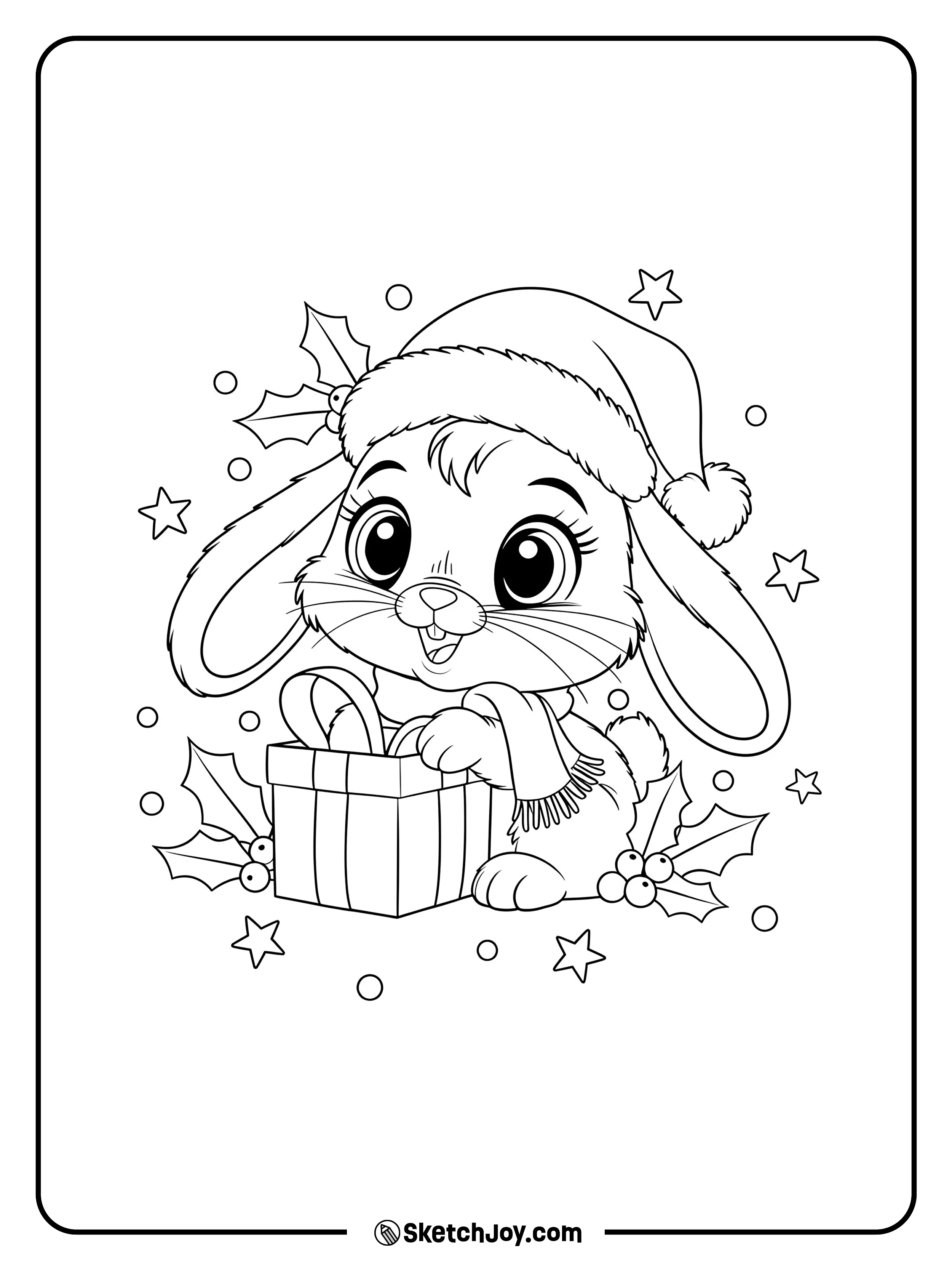 A cozy bunny in a Santa hat and scarf leans on a wrapped present with holly and stars around.