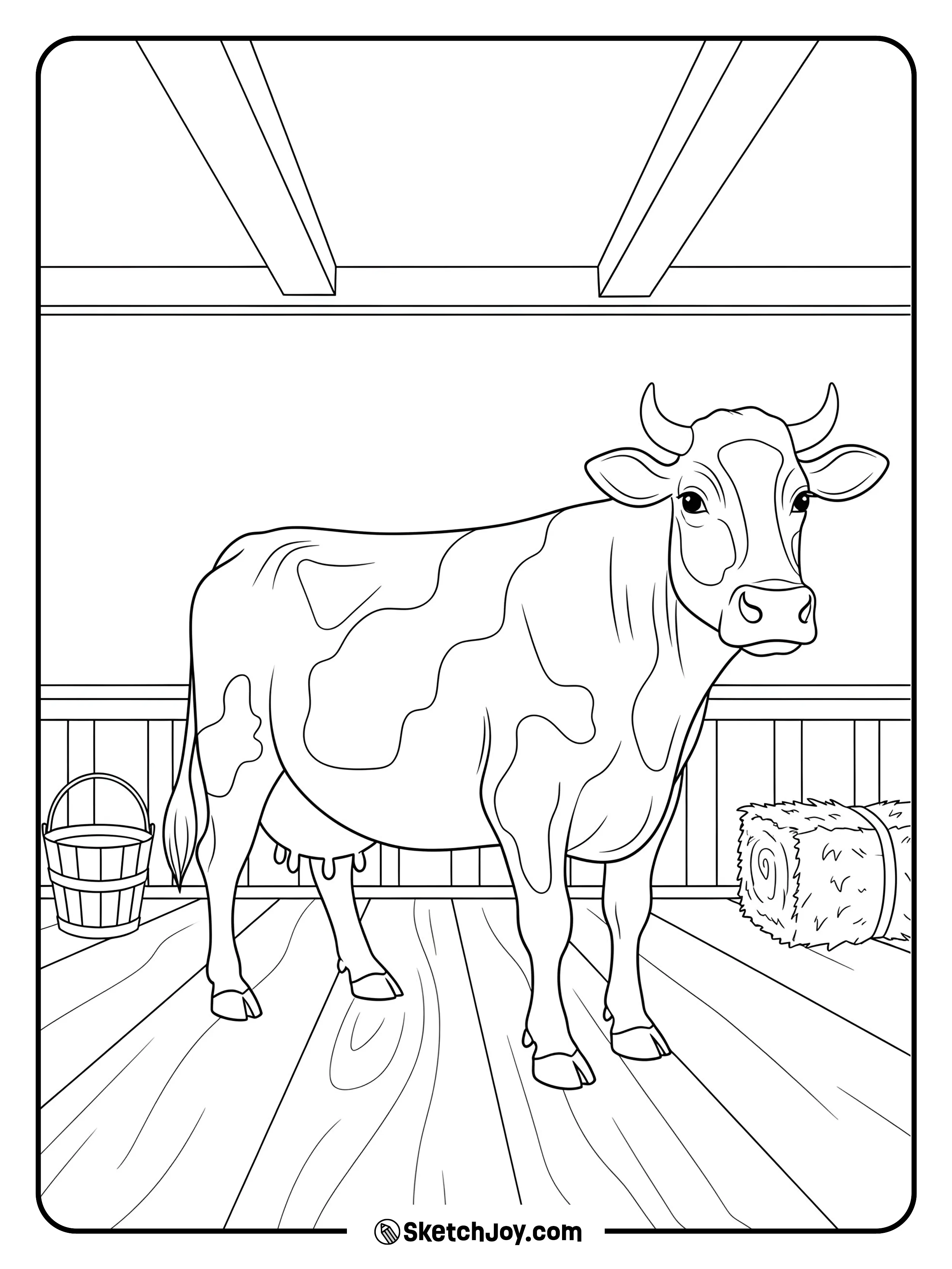 A sturdy Holstein stands in a quiet barn aisle with beams above.