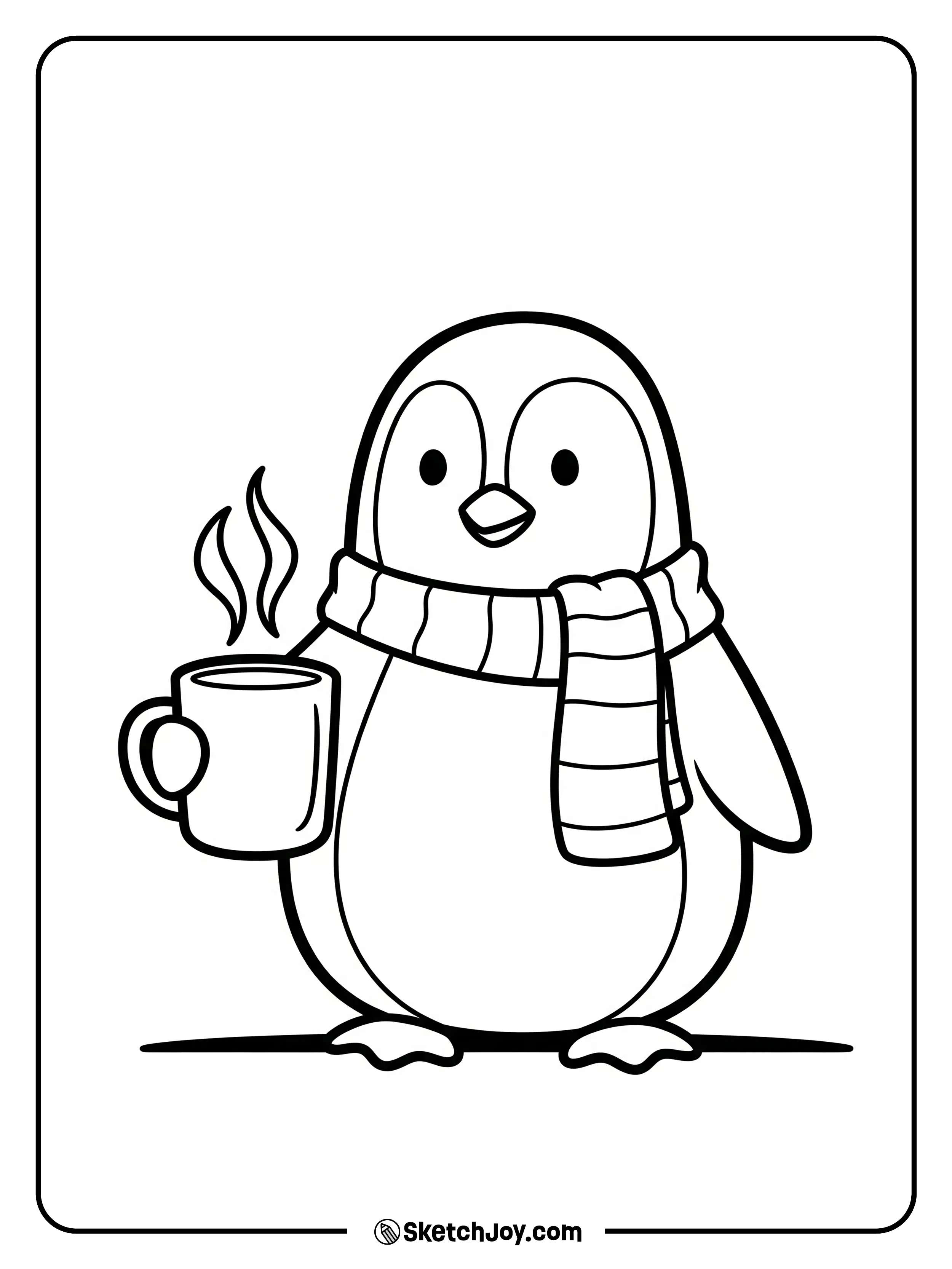 A penguin warms its flippers on a steaming mug.