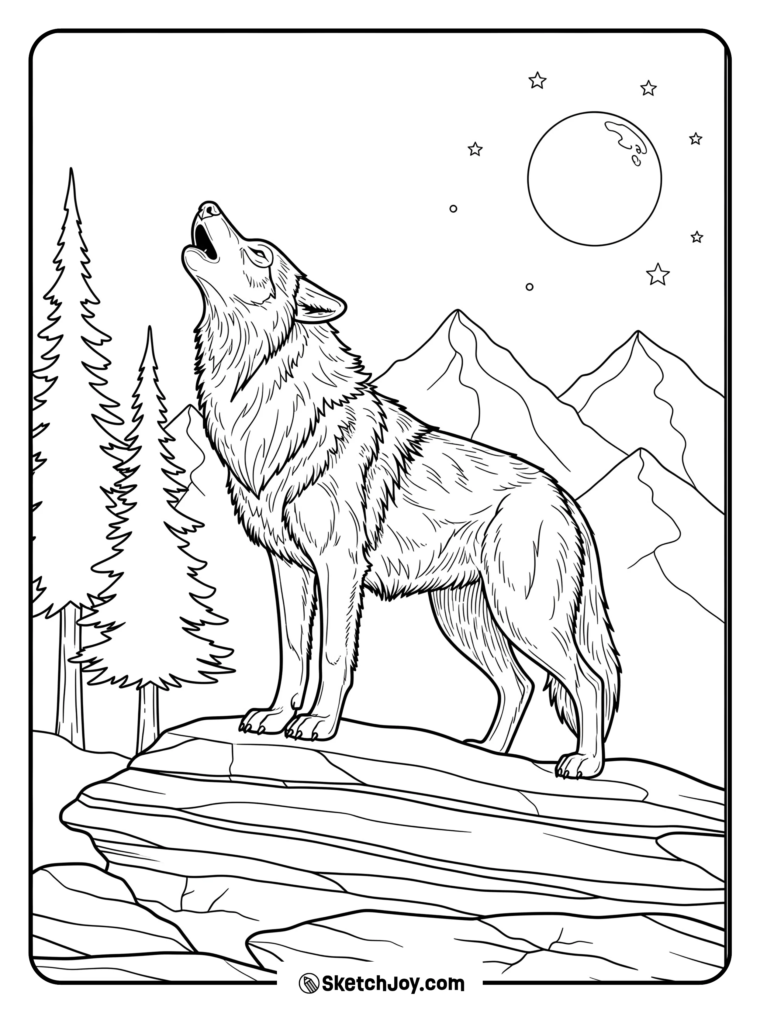 A realistic wolf stands on a rocky ledge and howls at a bright moon.